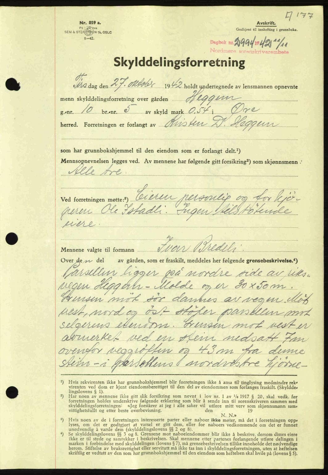 Nordmøre sorenskriveri, AV/SAT-A-4132/1/2/2Ca: Pantebok nr. A94, 1942-1943, Dagboknr: 2994/1942