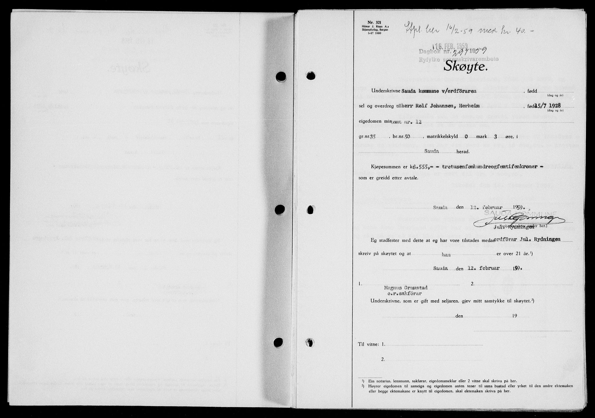 Ryfylke tingrett, SAST/A-100055/001/II/IIB/L0146: Pantebok nr. 125, 1965-1959, Dagboknr: 297/1959