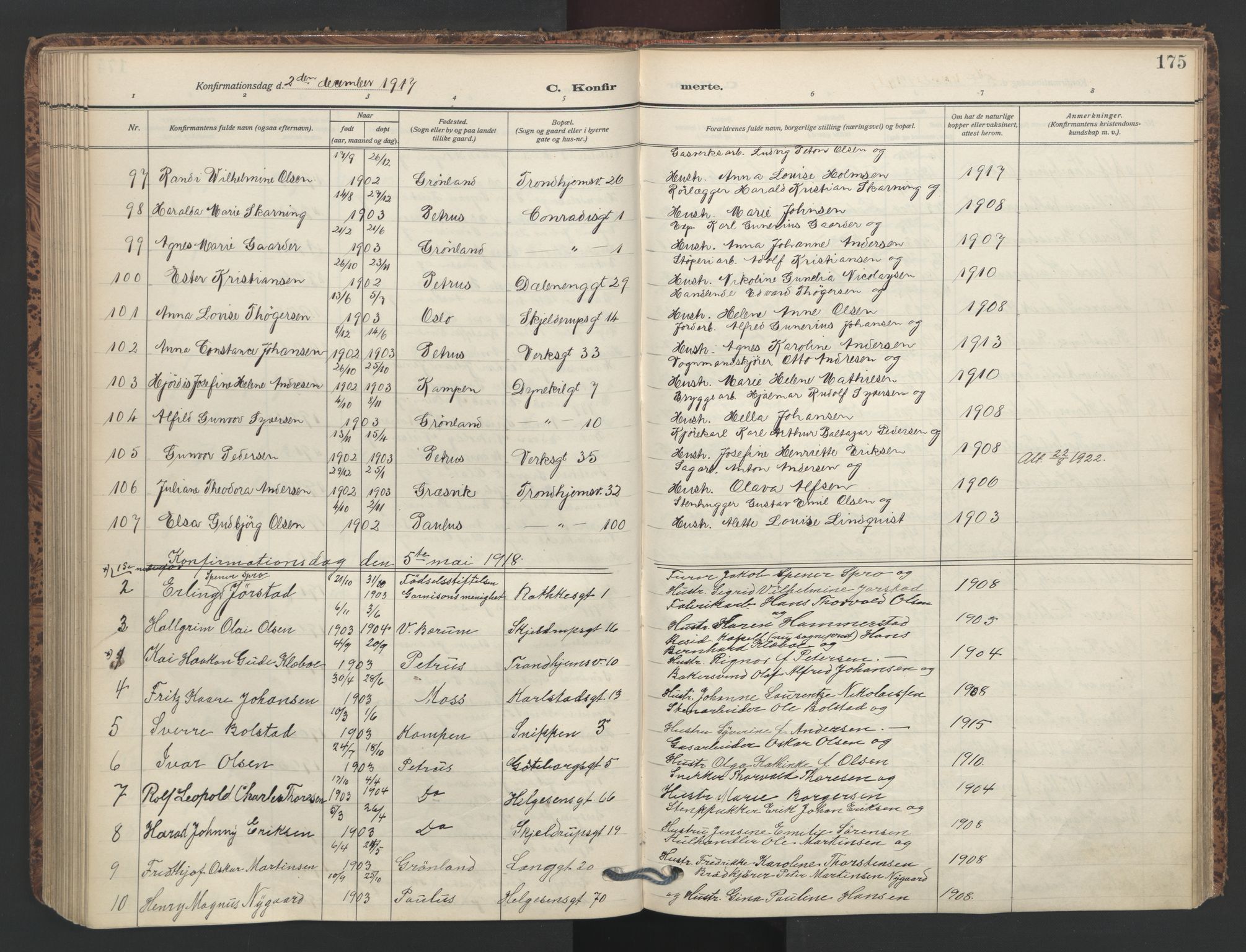 Petrus prestekontor Kirkebøker, AV/SAO-A-10872/F/Fa/L0011: Ministerialbok nr. I 11, 1908-1922, s. 175