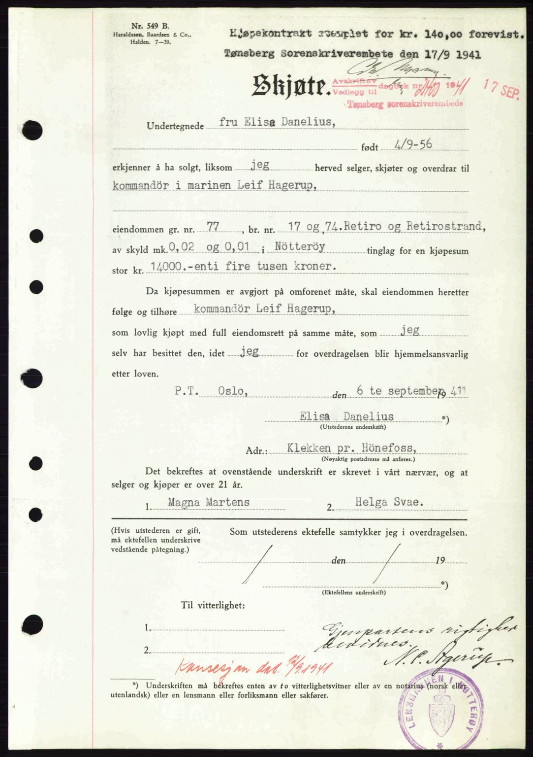 Tønsberg sorenskriveri, AV/SAKO-A-130/G/Ga/Gaa/L0010: Pantebok nr. A10, 1941-1941, Dagboknr: 2400/1941