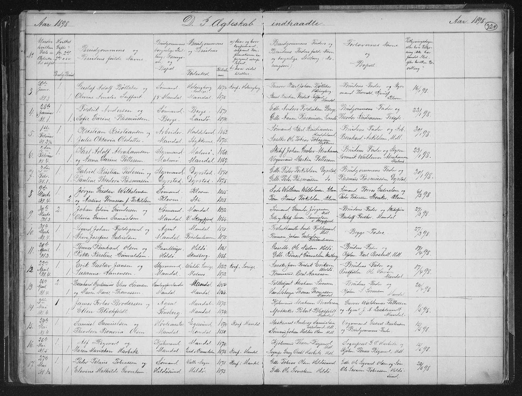 Mandal sokneprestkontor, AV/SAK-1111-0030/F/Fb/Fba/L0011: Klokkerbok nr. B 5, 1880-1898, s. 324