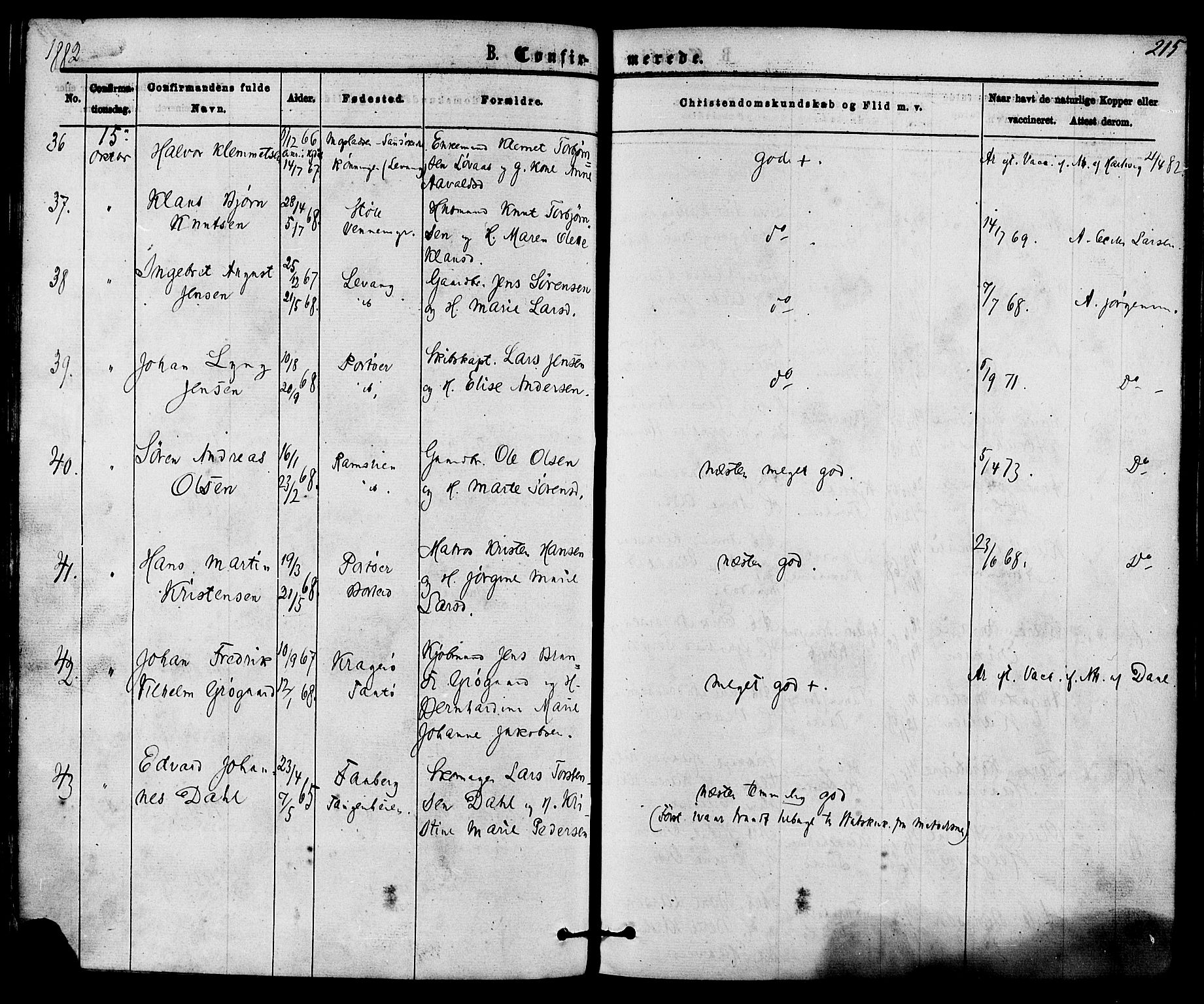 Skåtøy kirkebøker, AV/SAKO-A-304/F/Fa/L0001: Ministerialbok nr. I 1, 1874-1883, s. 215