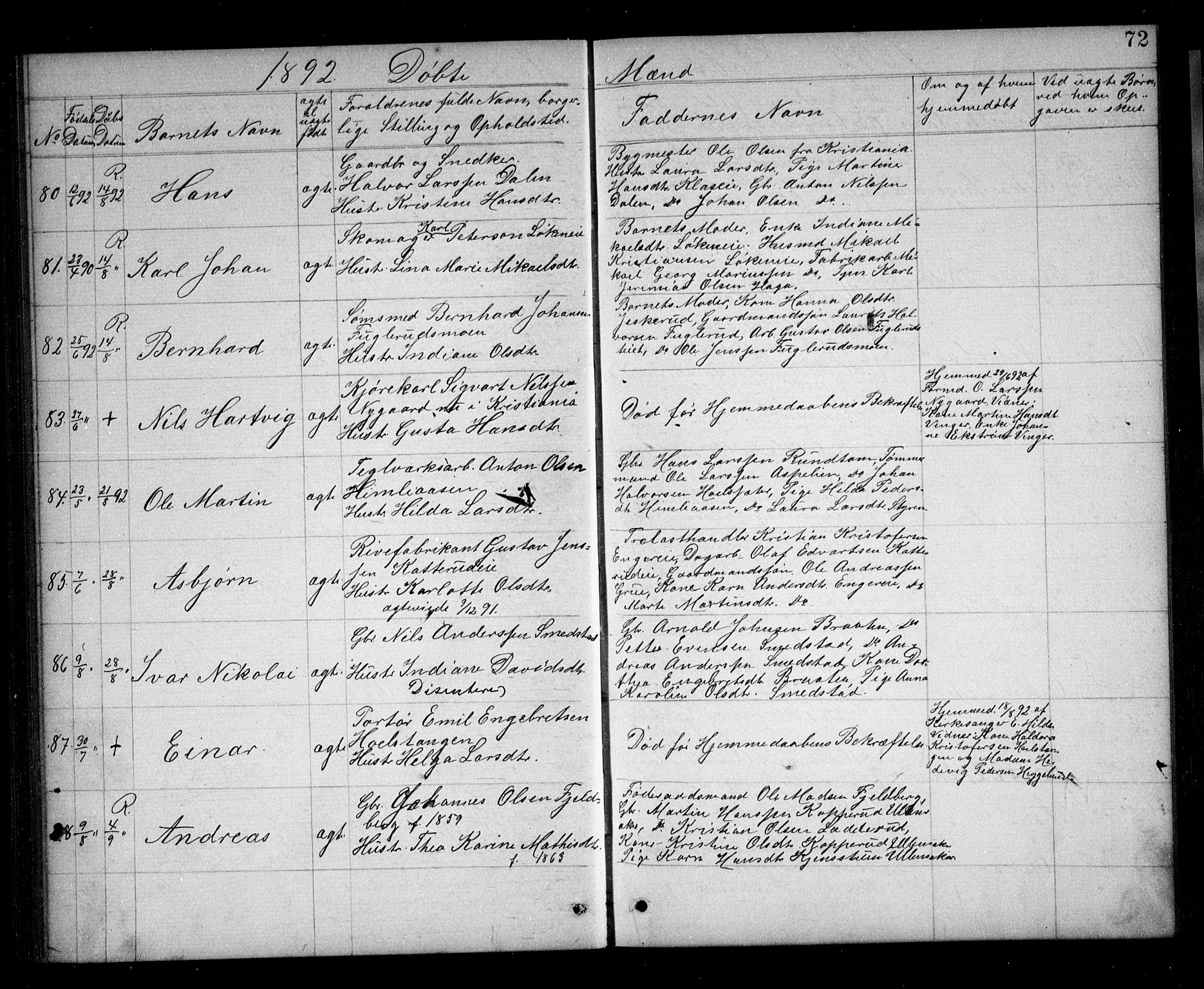 Eidsvoll prestekontor Kirkebøker, AV/SAO-A-10888/G/Ga/L0005: Klokkerbok nr. I 5, 1884-1894, s. 72