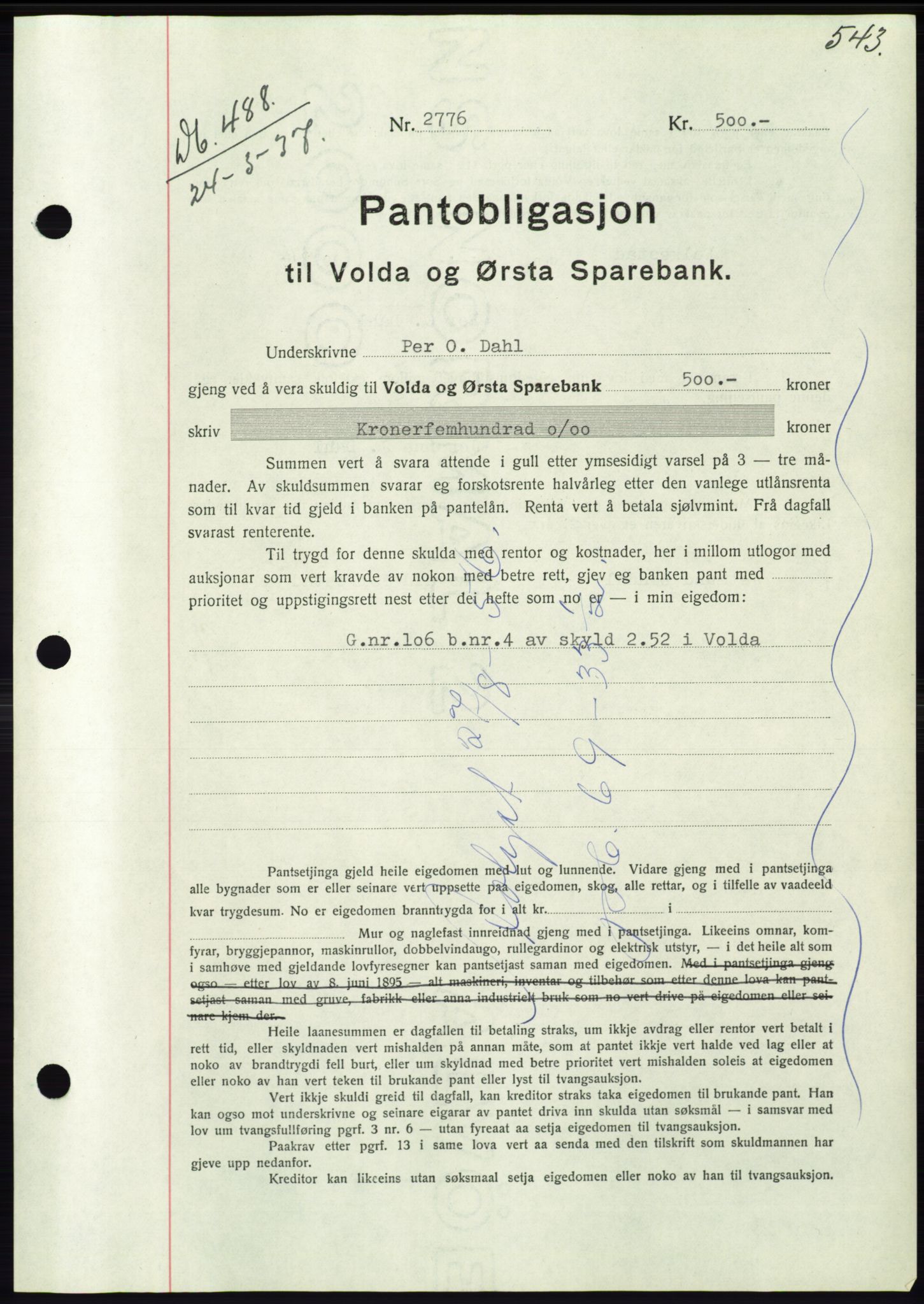 Søre Sunnmøre sorenskriveri, AV/SAT-A-4122/1/2/2C/L0062: Pantebok nr. 56, 1936-1937, Dagboknr: 488/1937