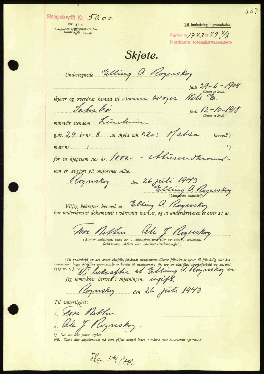 Nordmøre sorenskriveri, AV/SAT-A-4132/1/2/2Ca: Pantebok nr. A95, 1943-1943, Dagboknr: 1743/1943