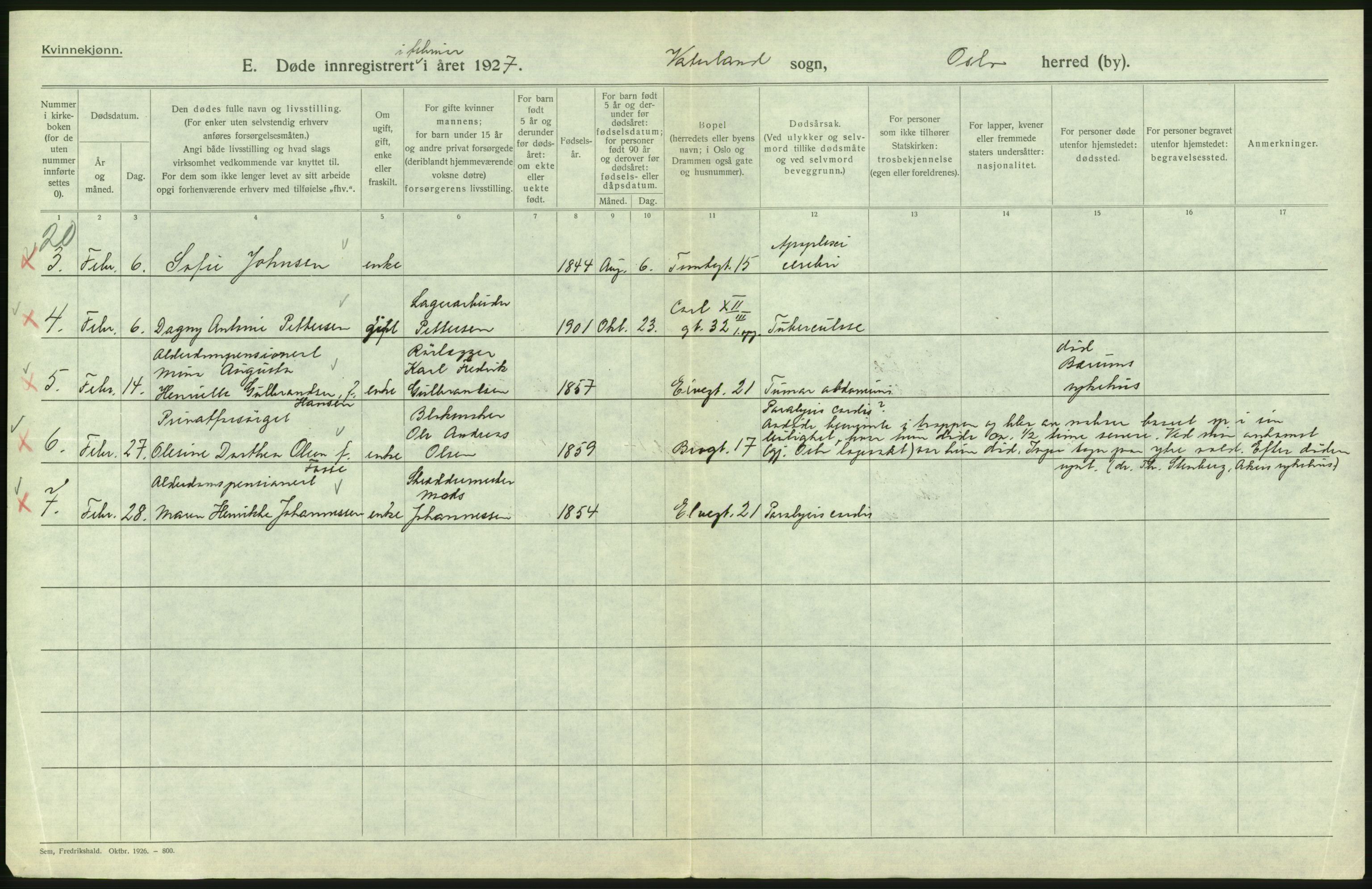 Statistisk sentralbyrå, Sosiodemografiske emner, Befolkning, AV/RA-S-2228/D/Df/Dfc/Dfcg/L0010: Oslo: Døde kvinner, dødfødte, 1927, s. 586