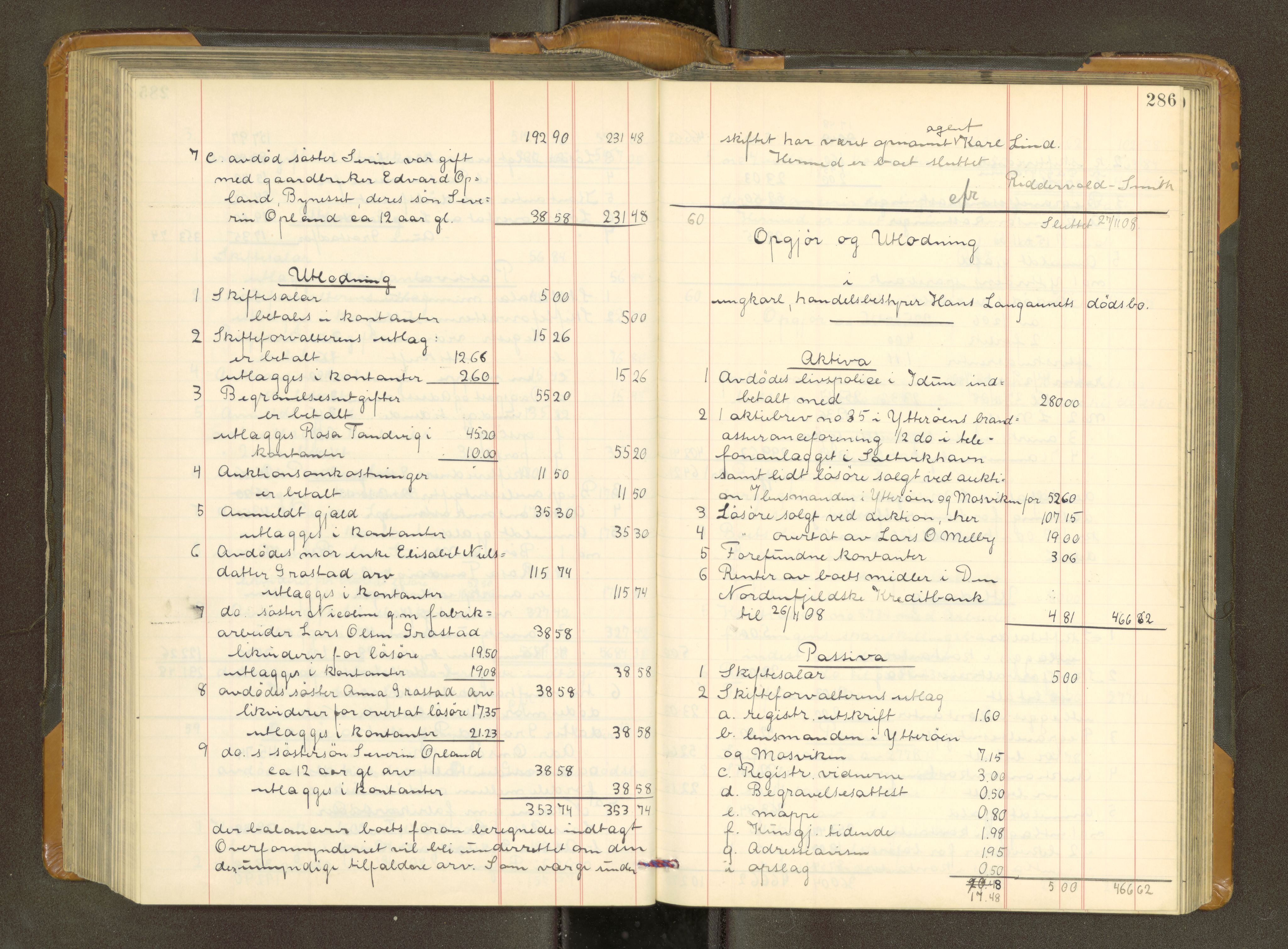 Trondheim byfogd, AV/SAT-A-0003/1/3/3A/L0039: Skifteutlodningsprotokoll - 3/11-2/2. U, 1906-1910, s. 286