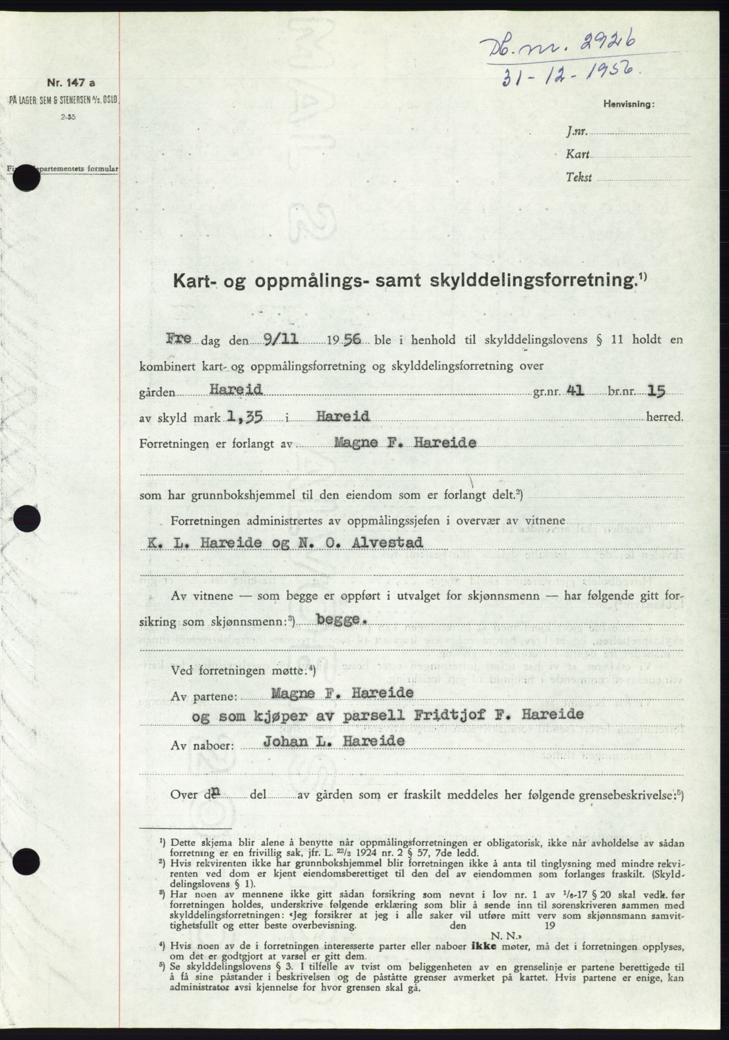 Søre Sunnmøre sorenskriveri, SAT/A-4122/1/2/2C/L0105: Pantebok nr. 31A, 1956-1957, Dagboknr: 2926/1956