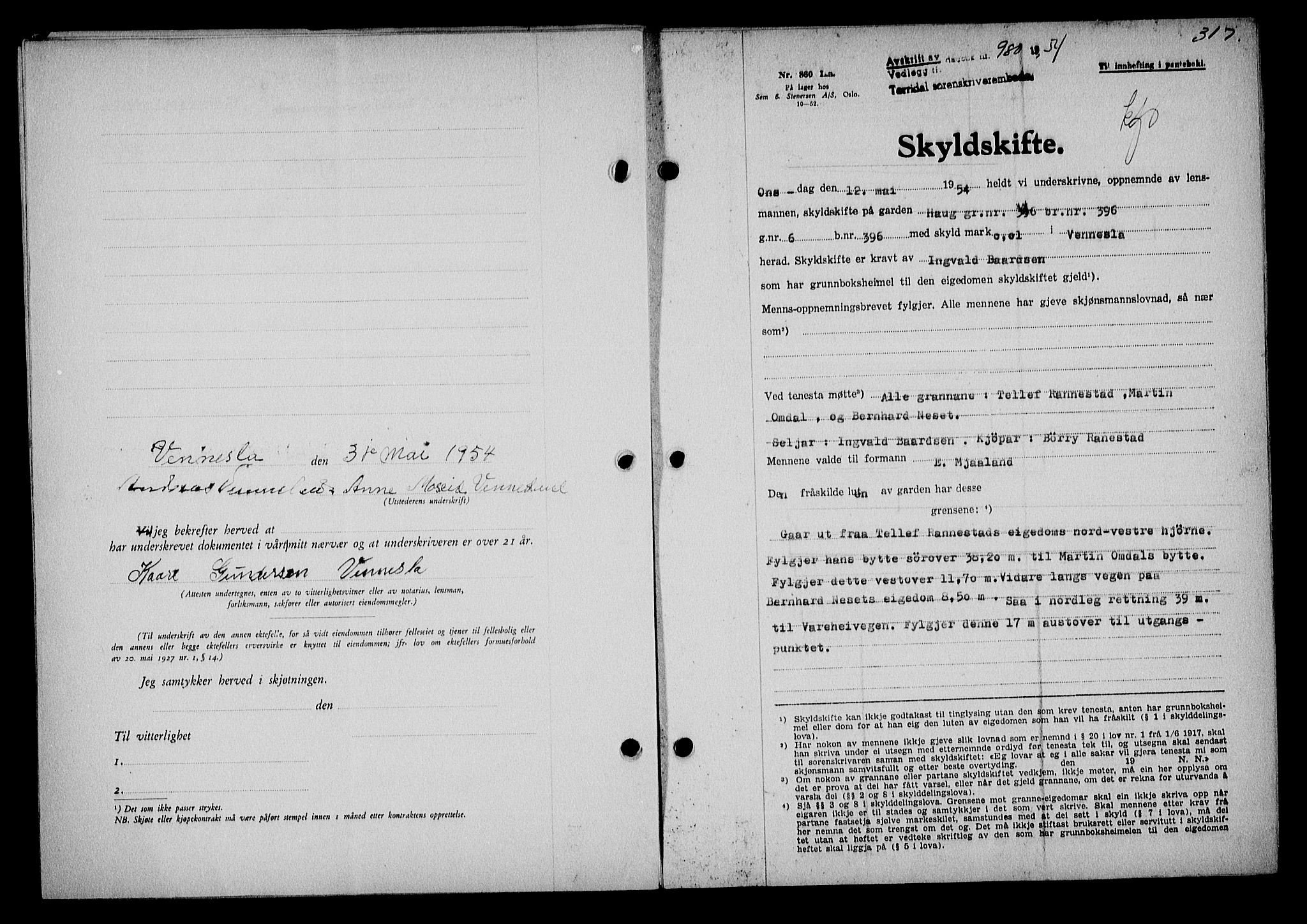 Torridal sorenskriveri, SAK/1221-0012/G/Gb/Gba/L0065: Pantebok nr. 80a-84a, 1953-1955, Dagboknr: 980/1954
