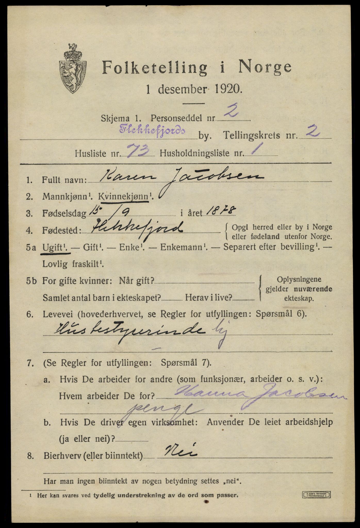 SAK, Folketelling 1920 for 1004 Flekkefjord kjøpstad, 1920, s. 3374