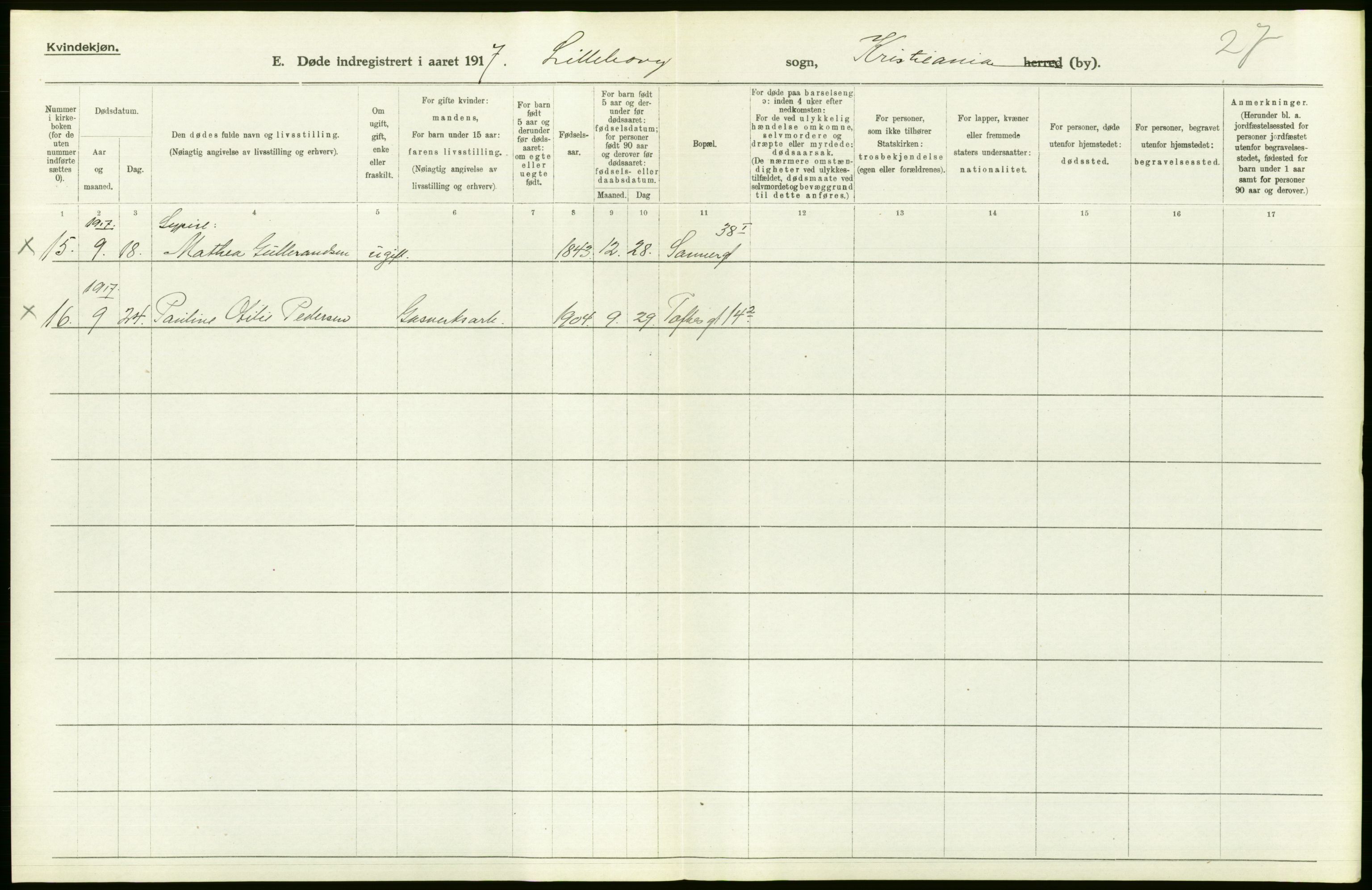 Statistisk sentralbyrå, Sosiodemografiske emner, Befolkning, AV/RA-S-2228/D/Df/Dfb/Dfbg/L0010: Kristiania: Døde, 1917, s. 156