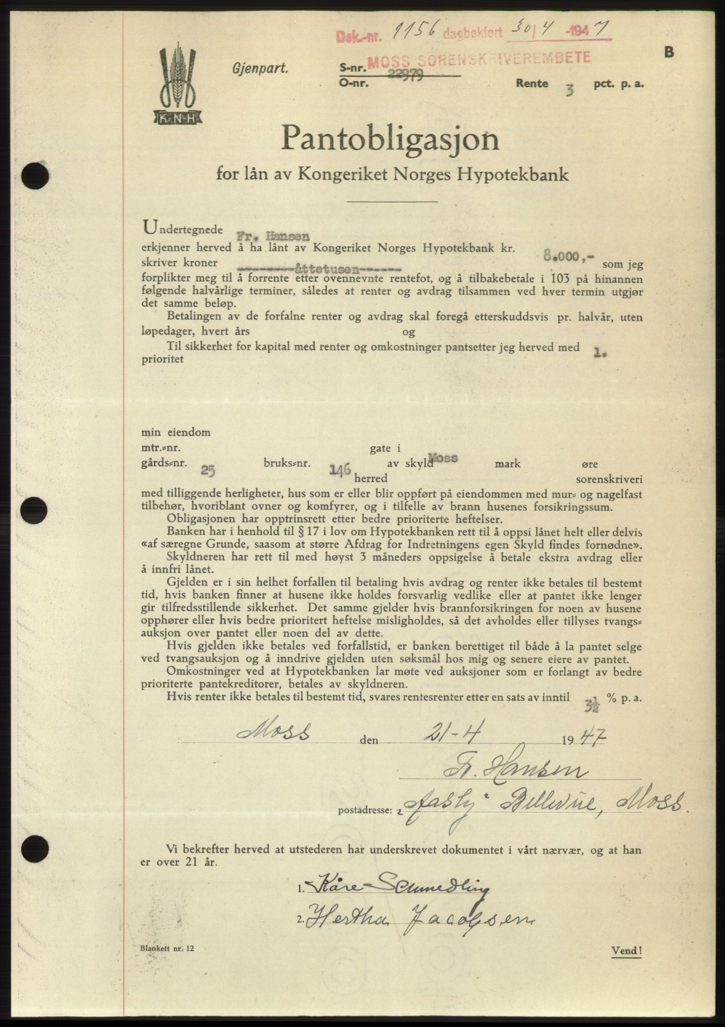 Moss sorenskriveri, SAO/A-10168: Pantebok nr. B17, 1947-1947, Dagboknr: 1156/1947