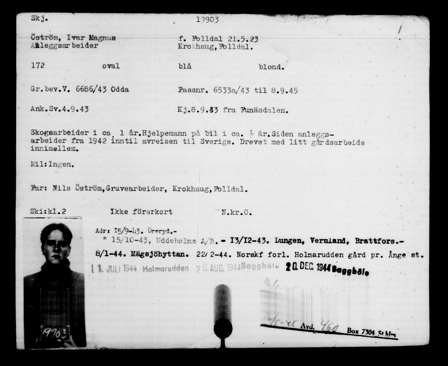 Utenriksstasjonene, Legasjonen i Stockholm, Flyktningkontoret, AV/RA-S-6753/V/Va/L0009: Kjesäterkartoteket, flyktninger med registreringsnr. 18502-22048, 1940-1945, s. 1562