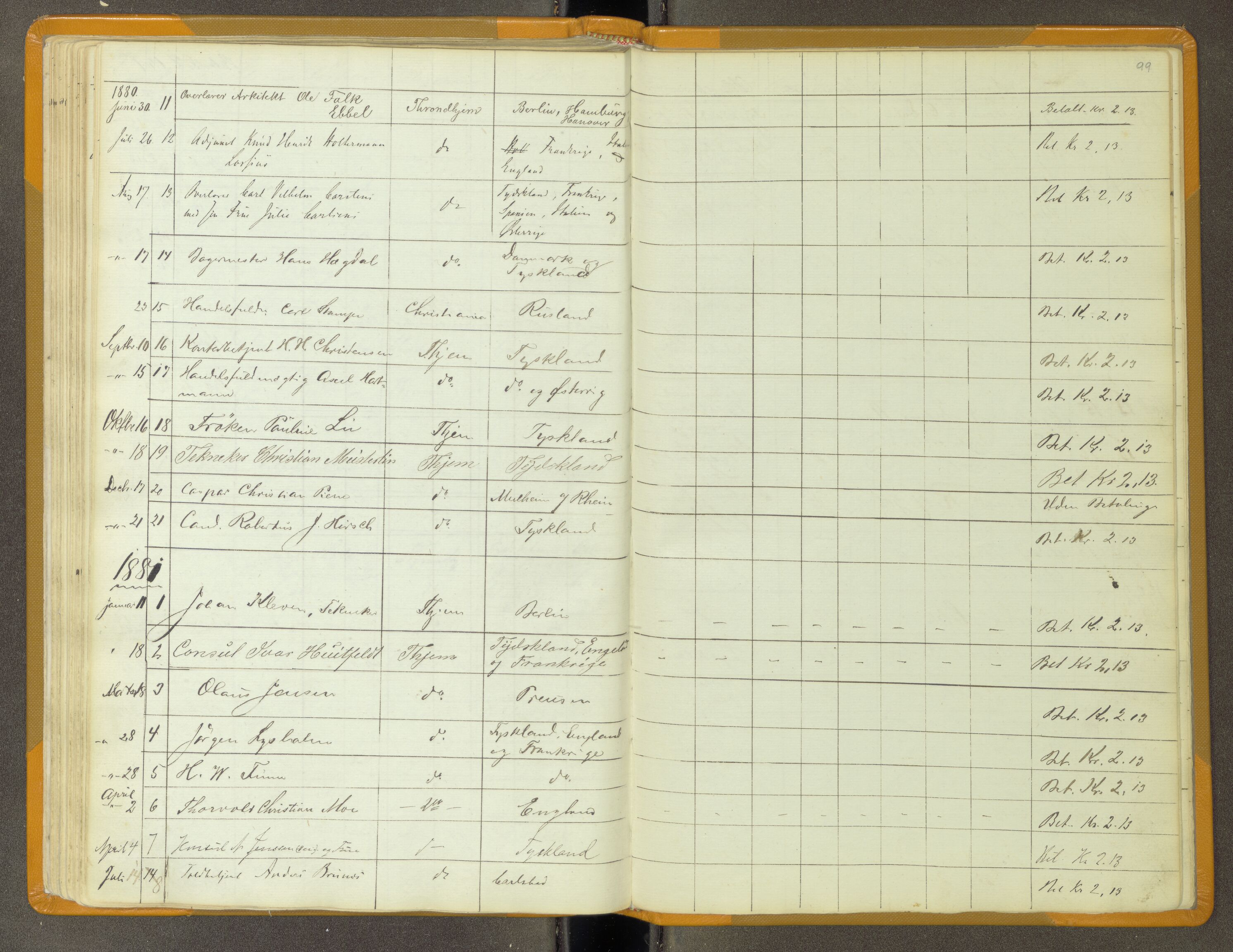 Trondheim politikammer, AV/SAT-A-1887/1/30/L0011: Passprotokoll. Utstedte pass 1855-1890. Utstede og forviste handelsbrev 1857-1860, 1855-1890, s. 98b-99a