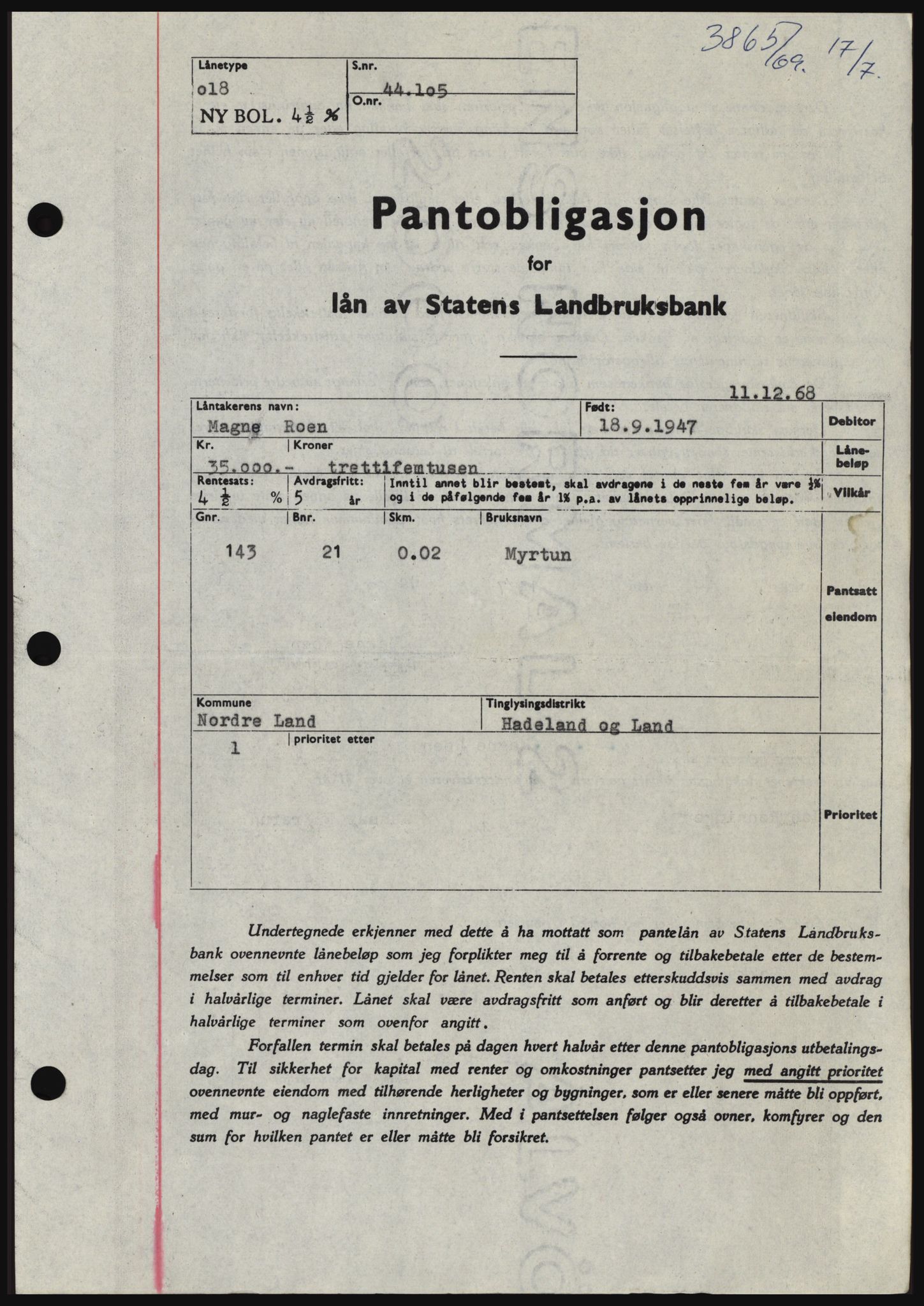 Hadeland og Land tingrett, SAH/TING-010/H/Hb/Hbc/L0074: Pantebok nr. B74, 1969-1969, Dagboknr: 3865/1969