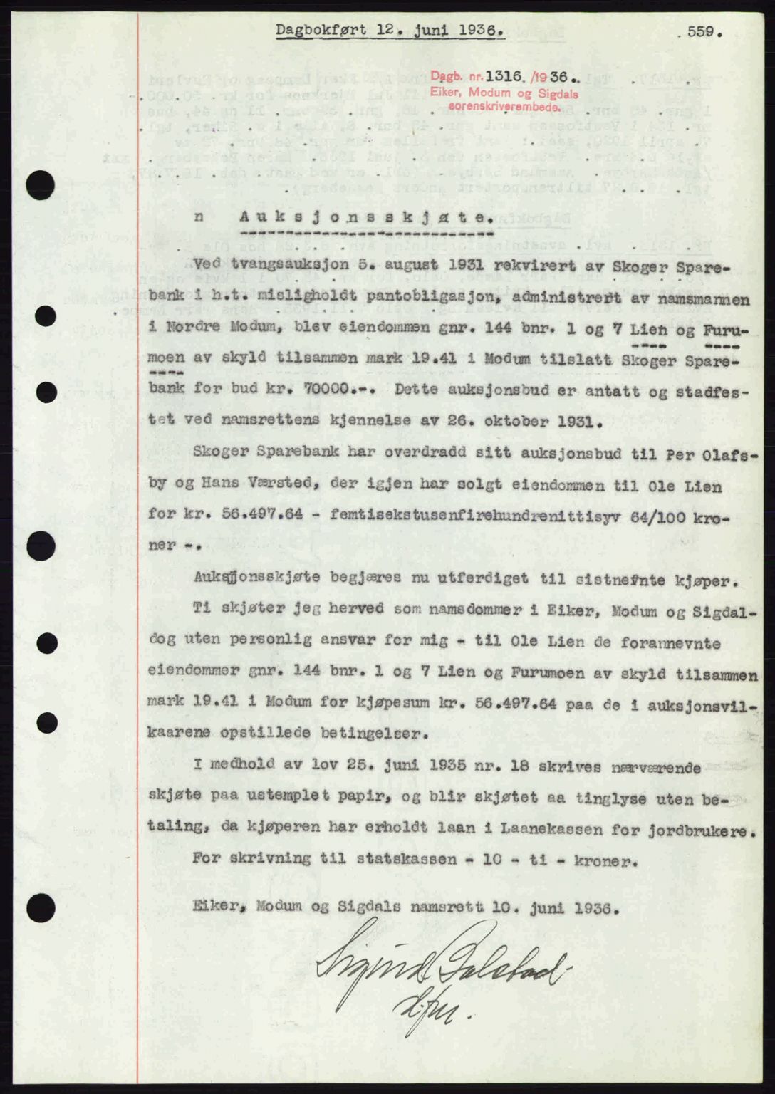 Eiker, Modum og Sigdal sorenskriveri, SAKO/A-123/G/Ga/Gab/L0032: Pantebok nr. A2, 1936-1936, Dagboknr: 1316/1936