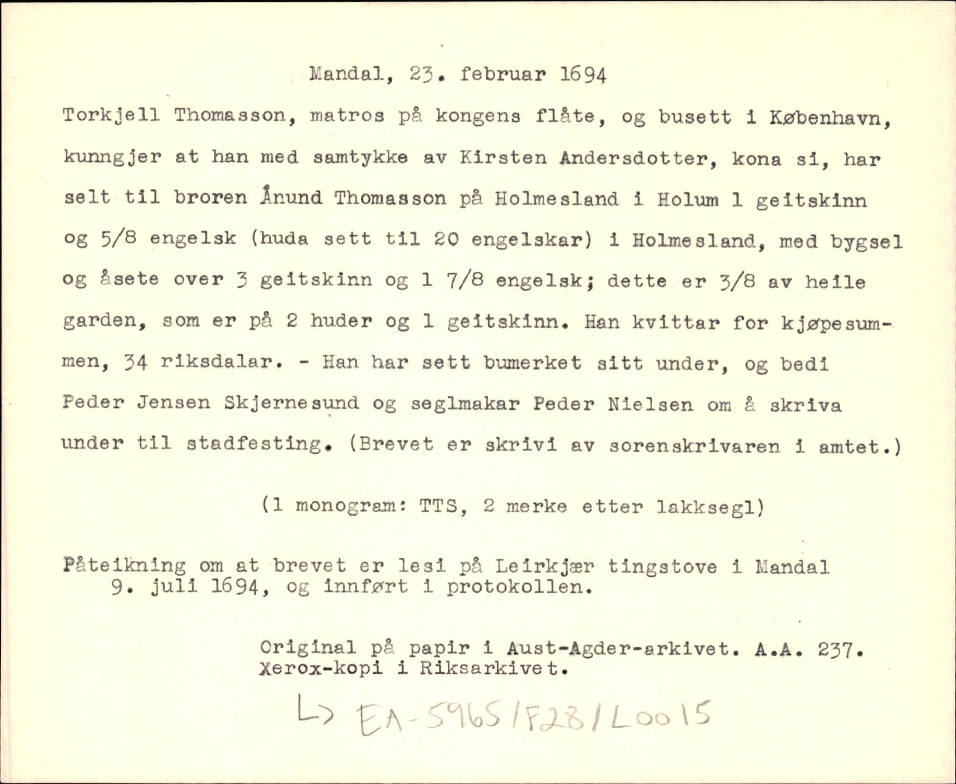 Riksarkivets diplomsamling, AV/RA-EA-5965/F35/F35d/L0006: Innlånte diplomer, seddelregister, 1691-1858, s. 59