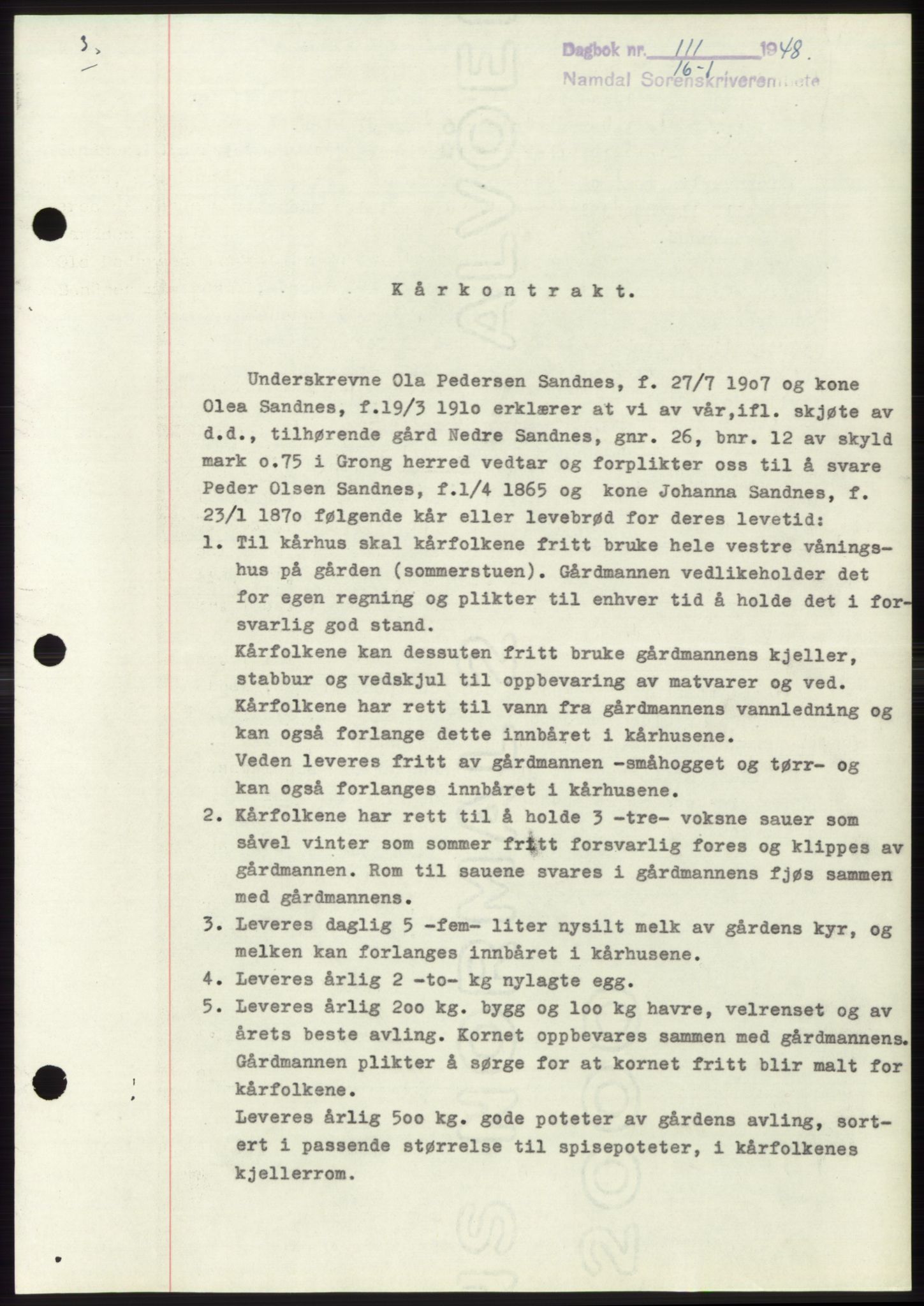 Namdal sorenskriveri, SAT/A-4133/1/2/2C: Pantebok nr. -, 1947-1948, Dagboknr: 111/1948