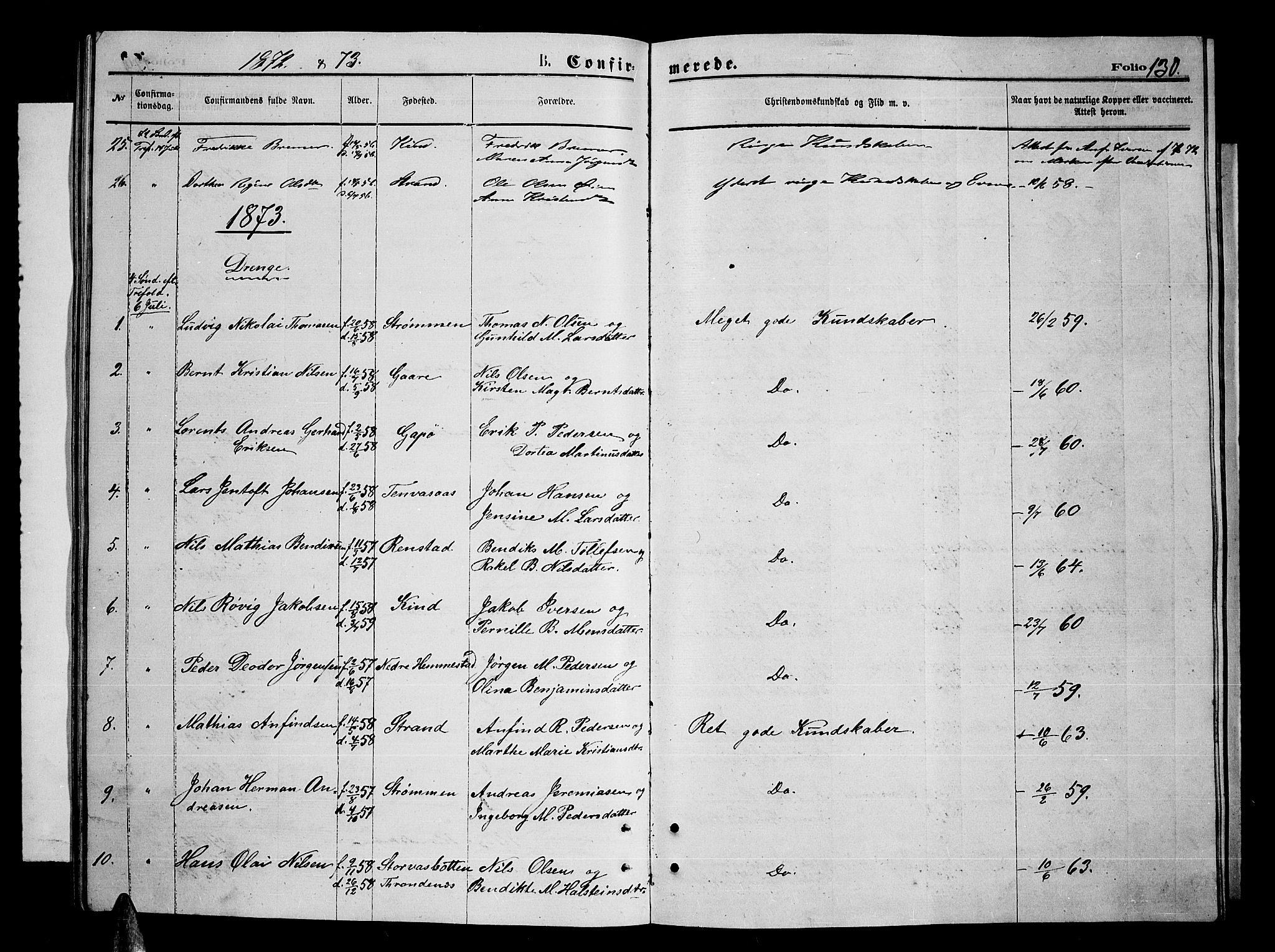 Kvæfjord sokneprestkontor, AV/SATØ-S-1323/G/Ga/Gab/L0004klokker: Klokkerbok nr. 4, 1870-1886, s. 130
