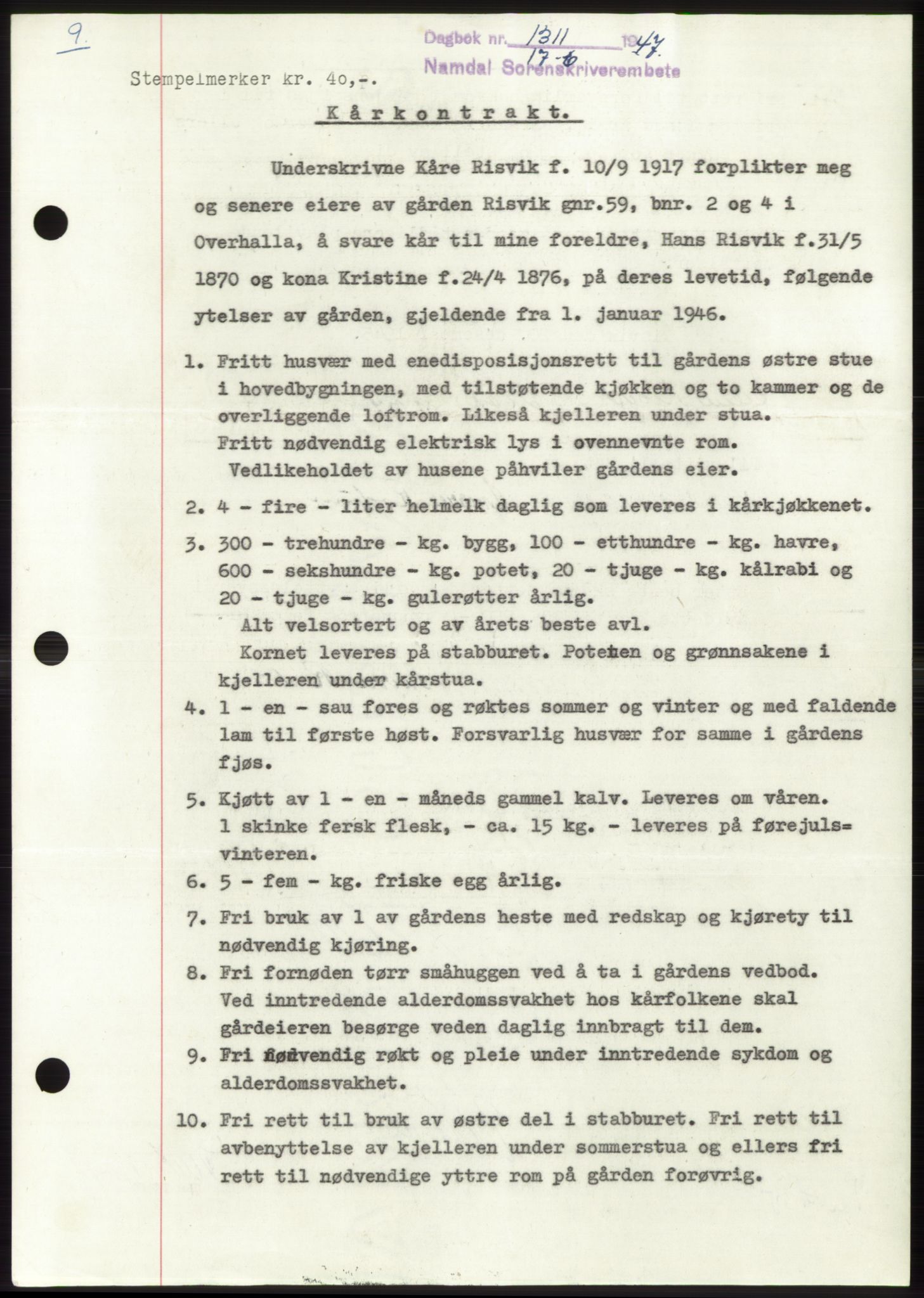 Namdal sorenskriveri, SAT/A-4133/1/2/2C: Pantebok nr. -, 1947-1947, Dagboknr: 1311/1947