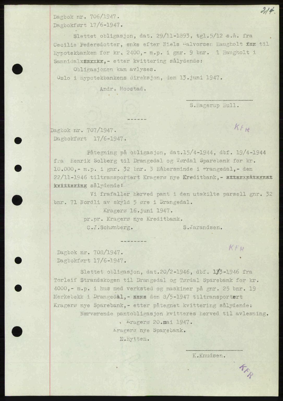 Kragerø sorenskriveri, SAKO/A-65/G/Ga/Gab/L0061: Pantebok nr. A-61, 1947-1947, Dagboknr: 706/1947