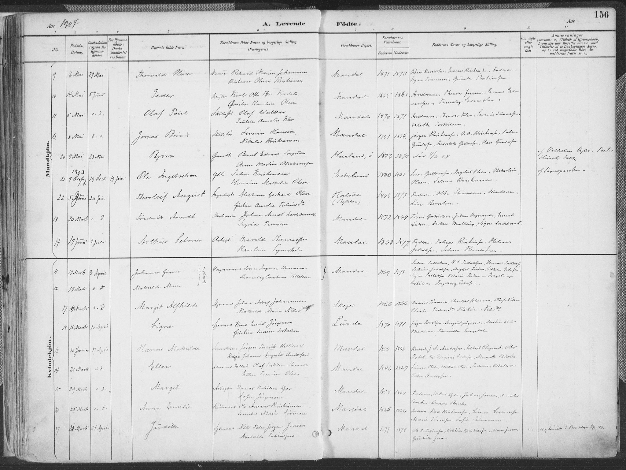 Mandal sokneprestkontor, SAK/1111-0030/F/Fa/Faa/L0018: Ministerialbok nr. A 18, 1890-1905, s. 156