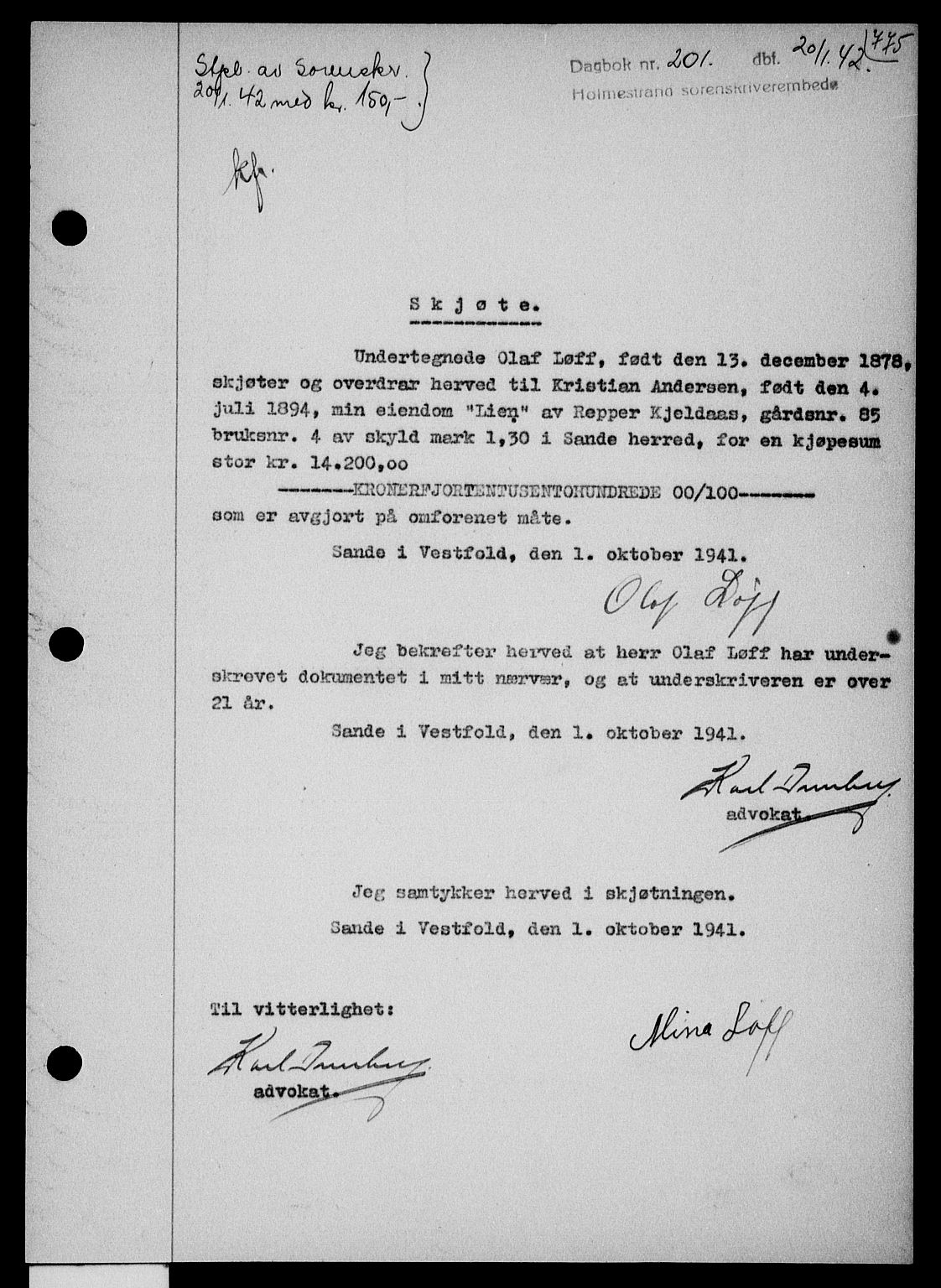 Holmestrand sorenskriveri, SAKO/A-67/G/Ga/Gaa/L0054: Pantebok nr. A-54, 1941-1942, Dagboknr: 201/1942