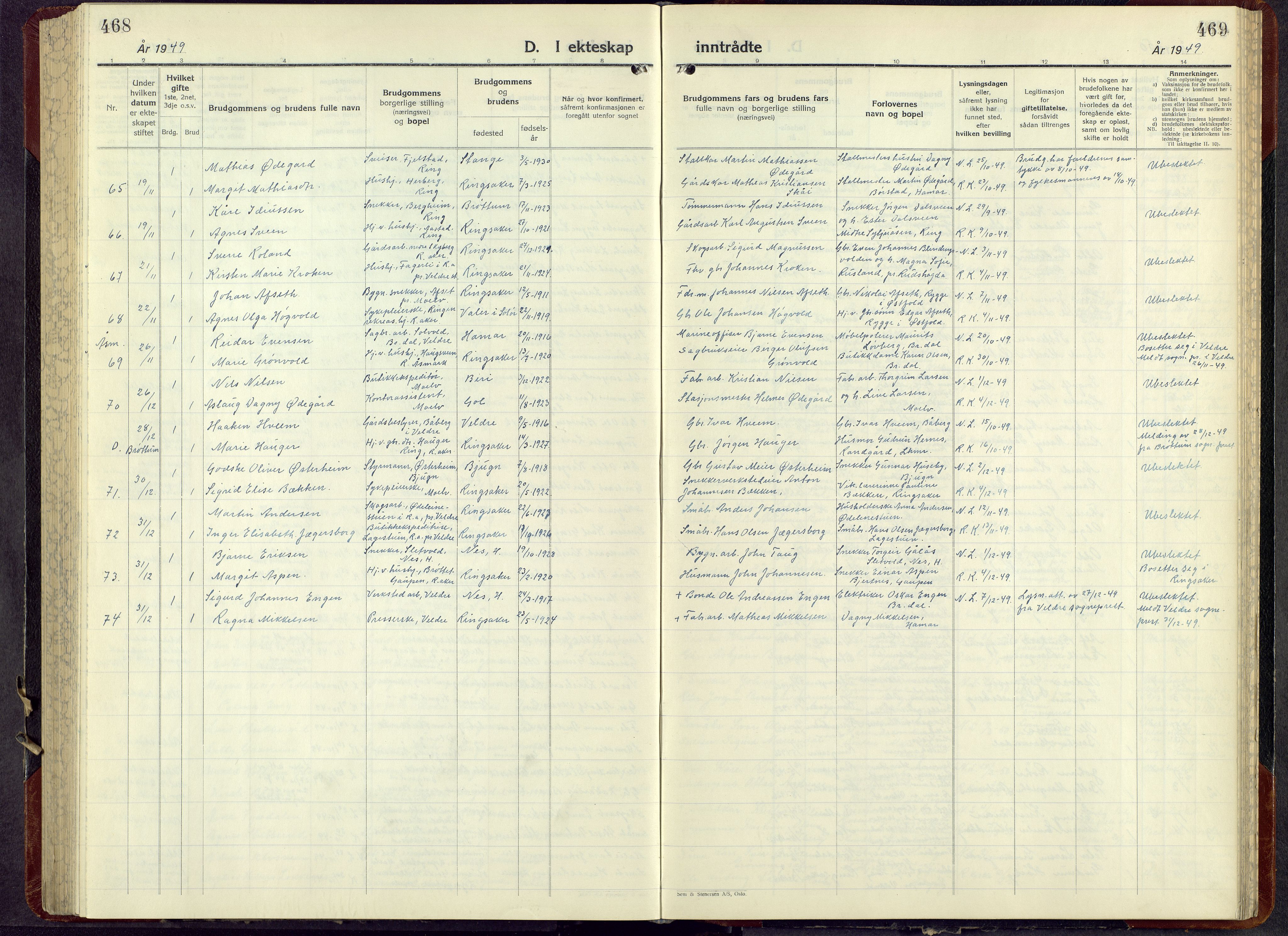 Ringsaker prestekontor, AV/SAH-PREST-014/L/La/L0021: Klokkerbok nr. 21, 1947-1956, s. 469