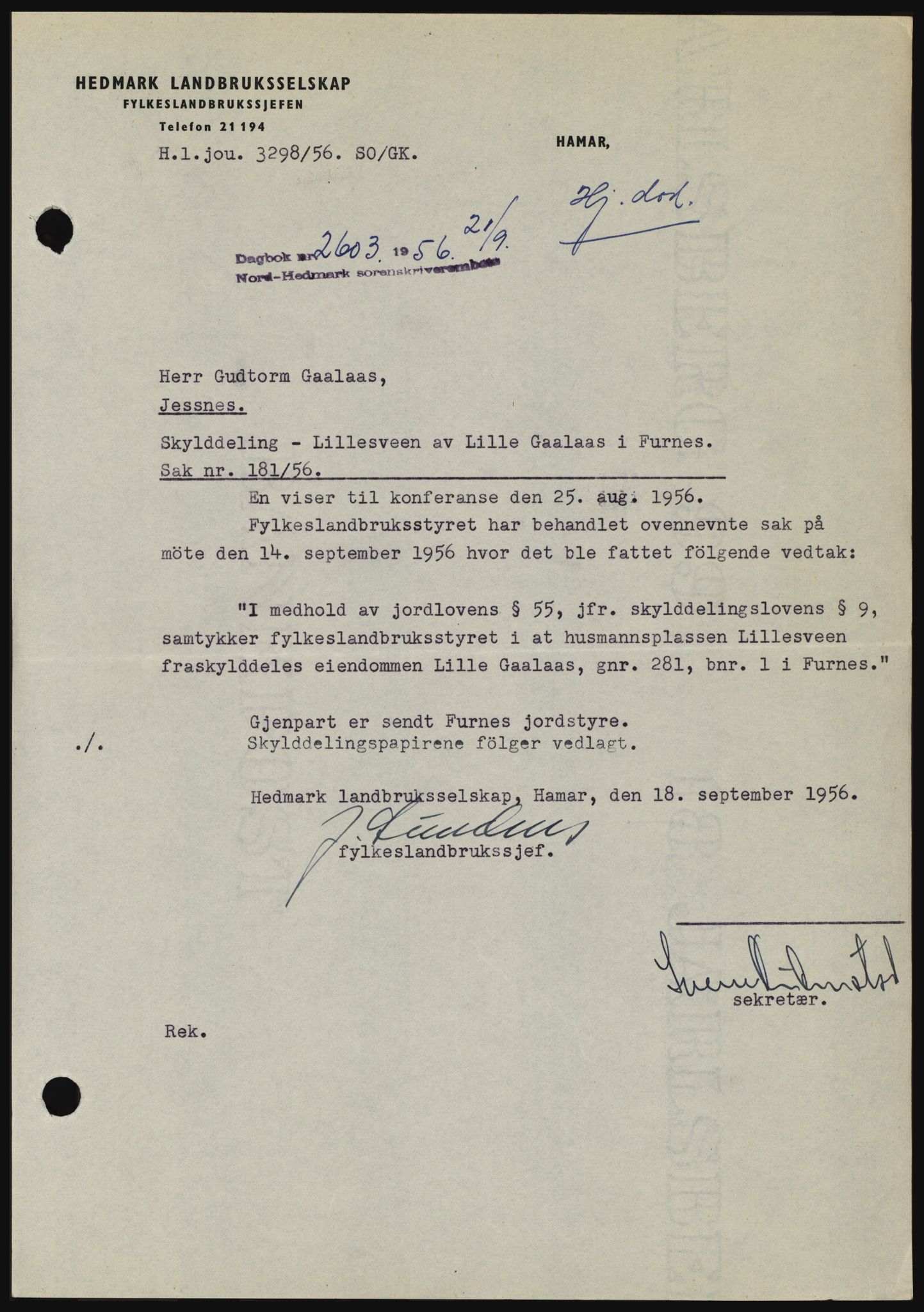 Nord-Hedmark sorenskriveri, SAH/TING-012/H/Hc/L0010: Pantebok nr. 10, 1955-1956, Dagboknr: 2603/1956