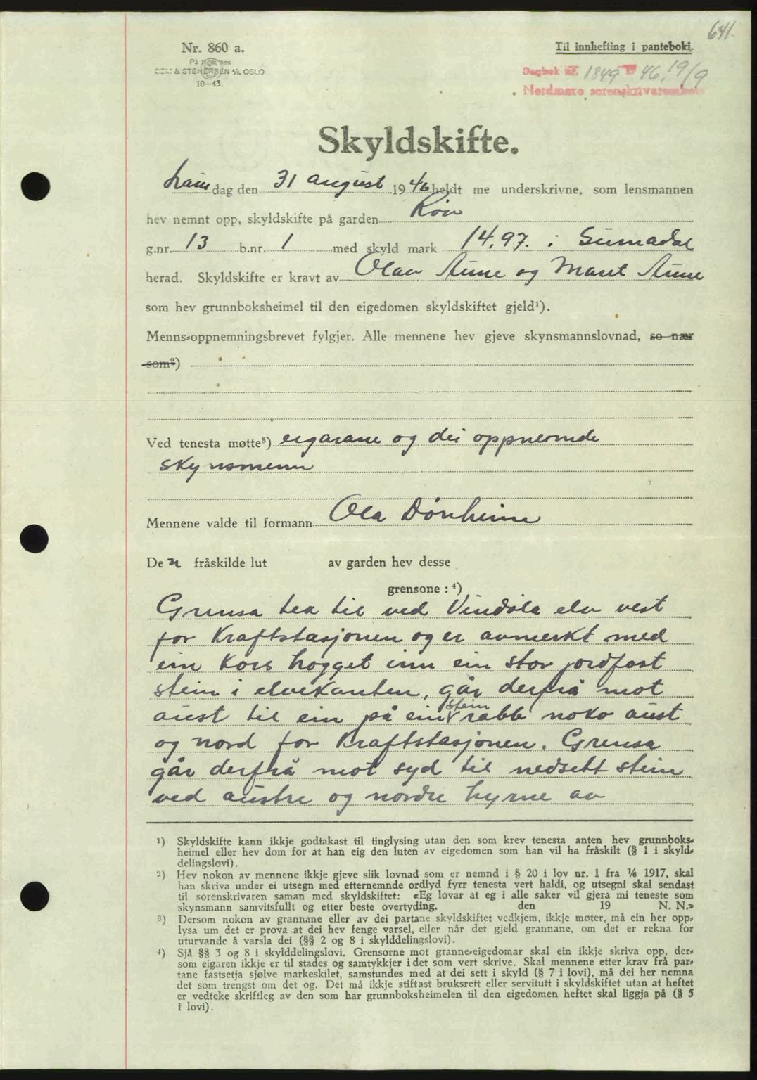 Nordmøre sorenskriveri, AV/SAT-A-4132/1/2/2Ca: Pantebok nr. A102, 1946-1946, Dagboknr: 1849/1946