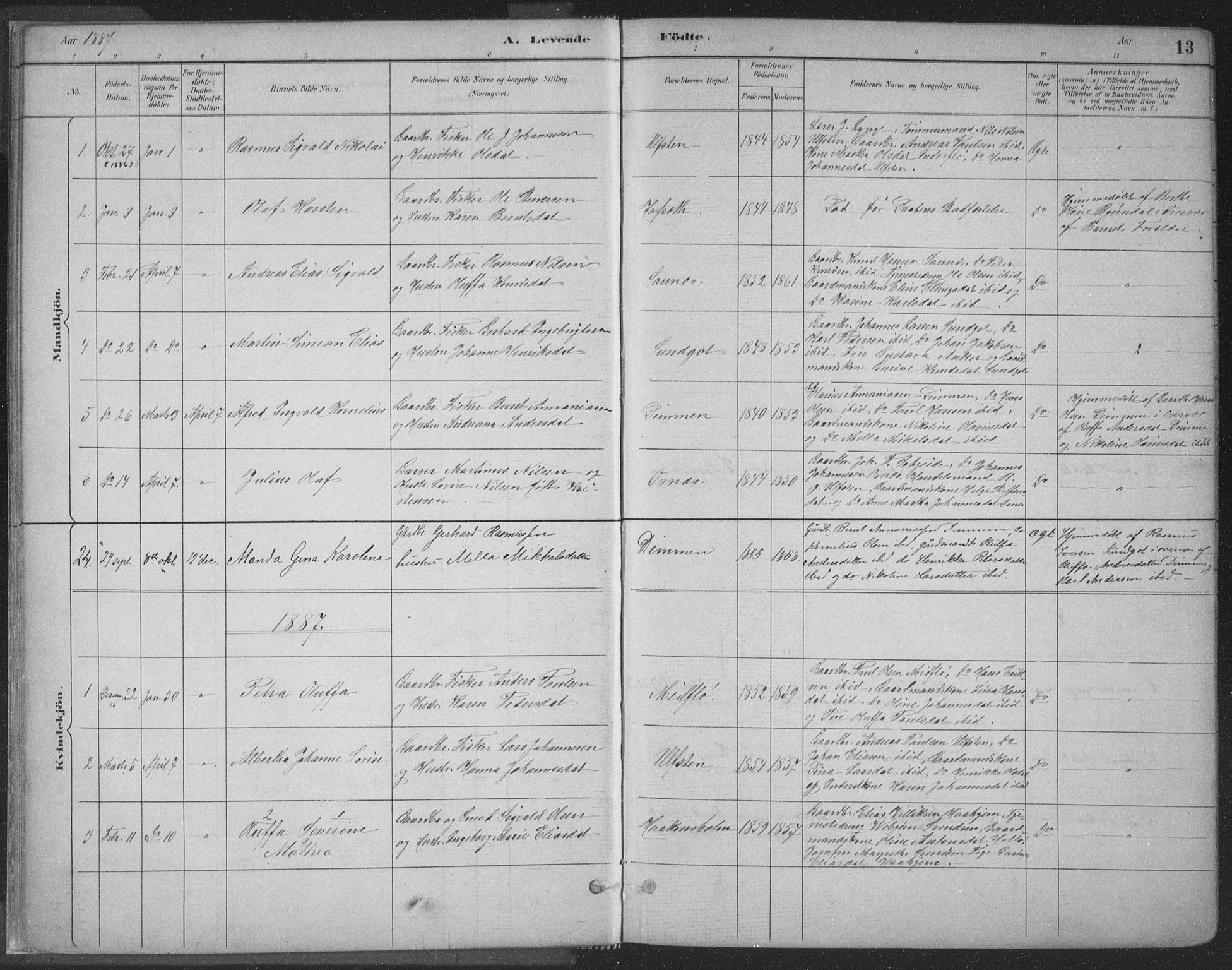 Ministerialprotokoller, klokkerbøker og fødselsregistre - Møre og Romsdal, SAT/A-1454/509/L0106: Ministerialbok nr. 509A04, 1883-1922, s. 13