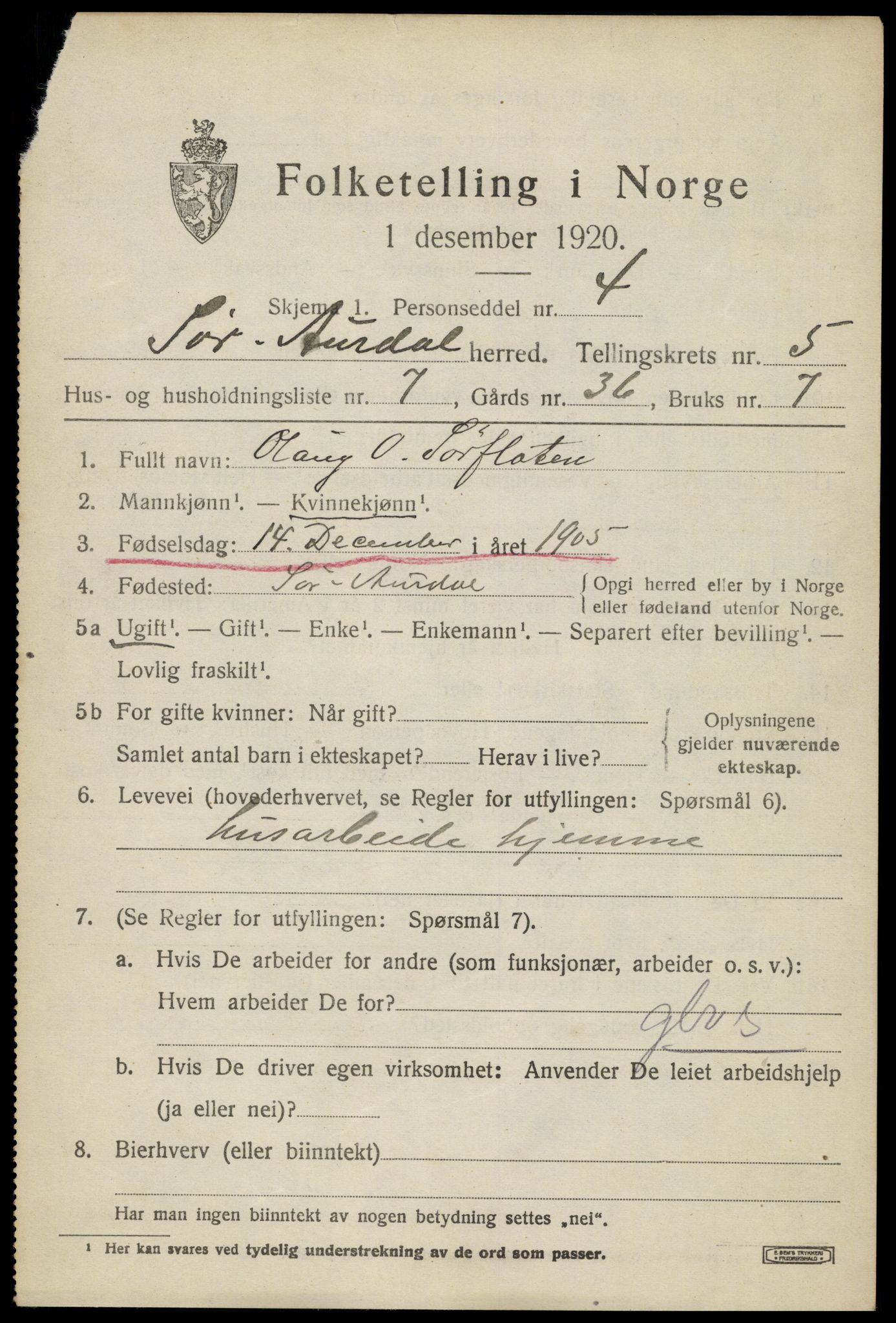 SAH, Folketelling 1920 for 0540 Sør-Aurdal herred, 1920, s. 2799