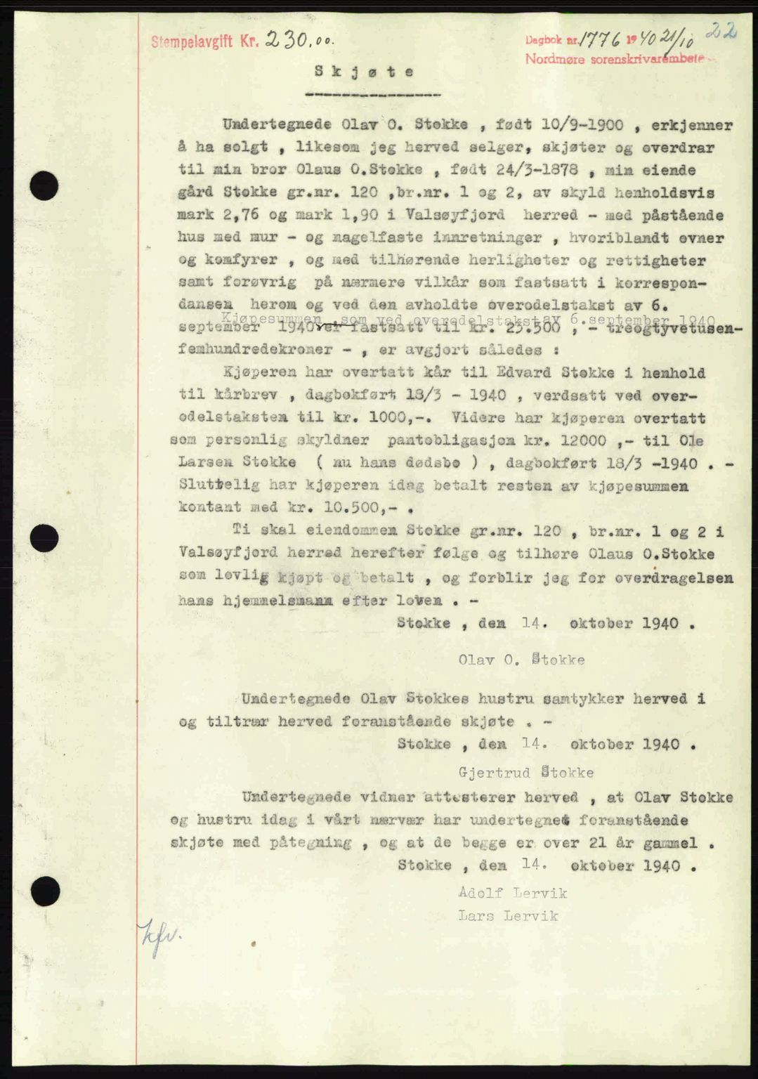 Nordmøre sorenskriveri, SAT/A-4132/1/2/2Ca: Pantebok nr. A89, 1940-1941, Dagboknr: 1776/1940