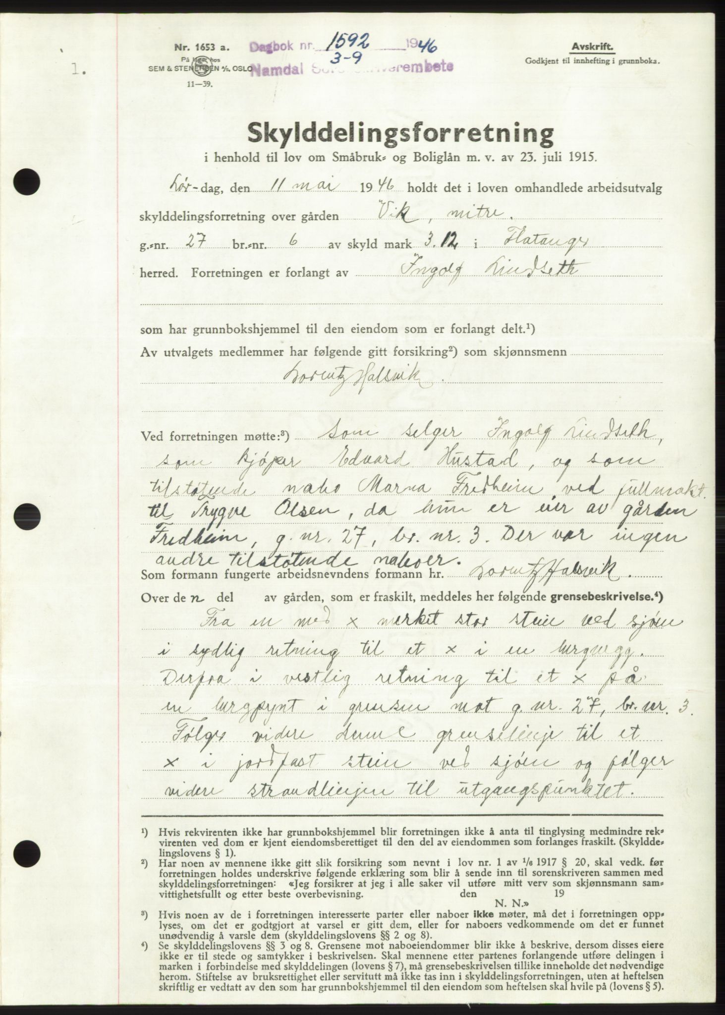Namdal sorenskriveri, SAT/A-4133/1/2/2C: Pantebok nr. -, 1946-1947, Dagboknr: 1592/1946