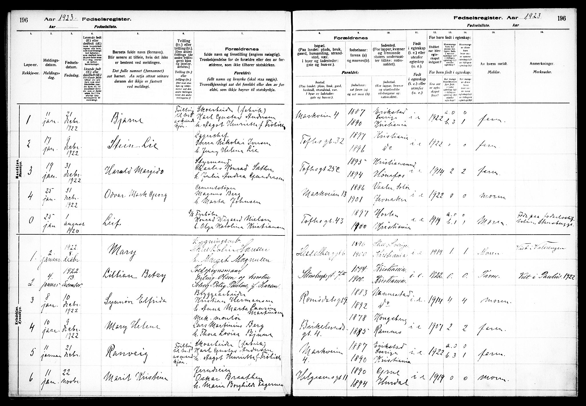 Paulus prestekontor Kirkebøker, AV/SAO-A-10871/J/Ja/L0001: Fødselsregister nr. 1, 1916-1923, s. 196