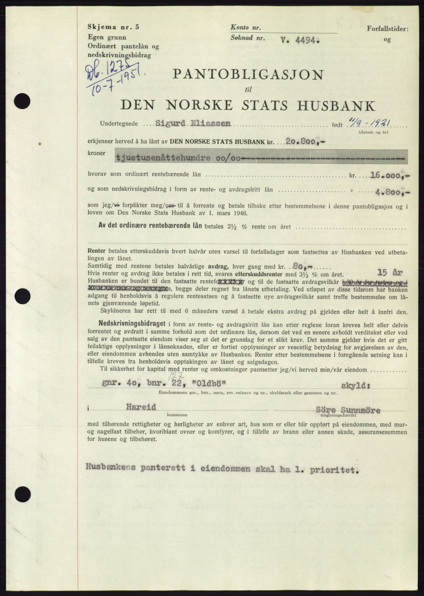 Søre Sunnmøre sorenskriveri, SAT/A-4122/1/2/2C/L0120: Pantebok nr. 8B, 1951-1951, Dagboknr: 1275/1951