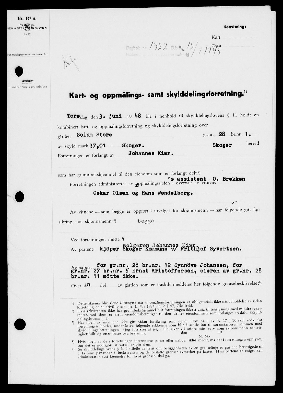 Holmestrand sorenskriveri, SAKO/A-67/G/Ga/Gaa/L0064: Pantebok nr. A-64, 1948-1948, Dagboknr: 1322/1948