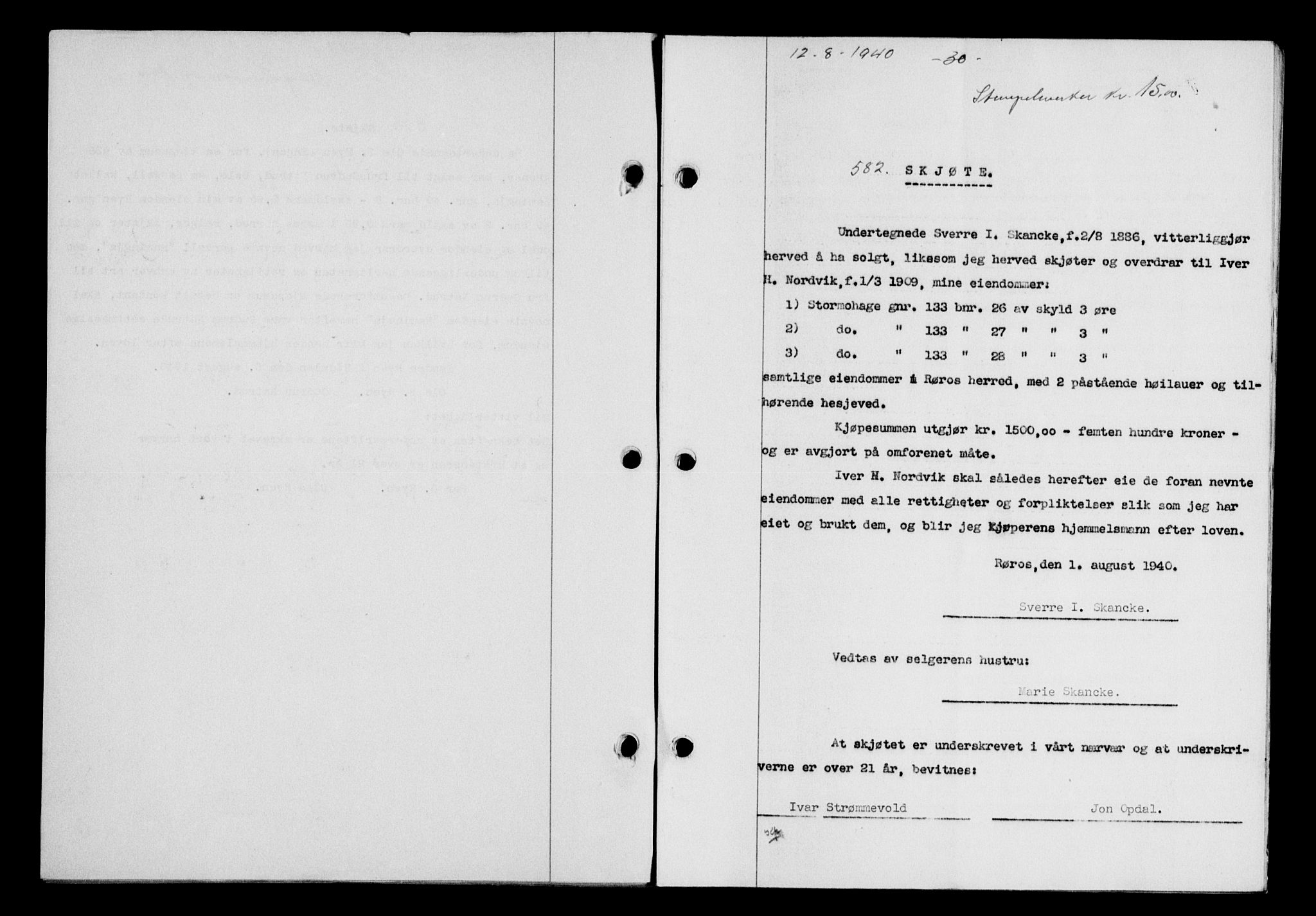 Gauldal sorenskriveri, SAT/A-0014/1/2/2C/L0052: Pantebok nr. 57, 1940-1941, Dagboknr: 582/1940
