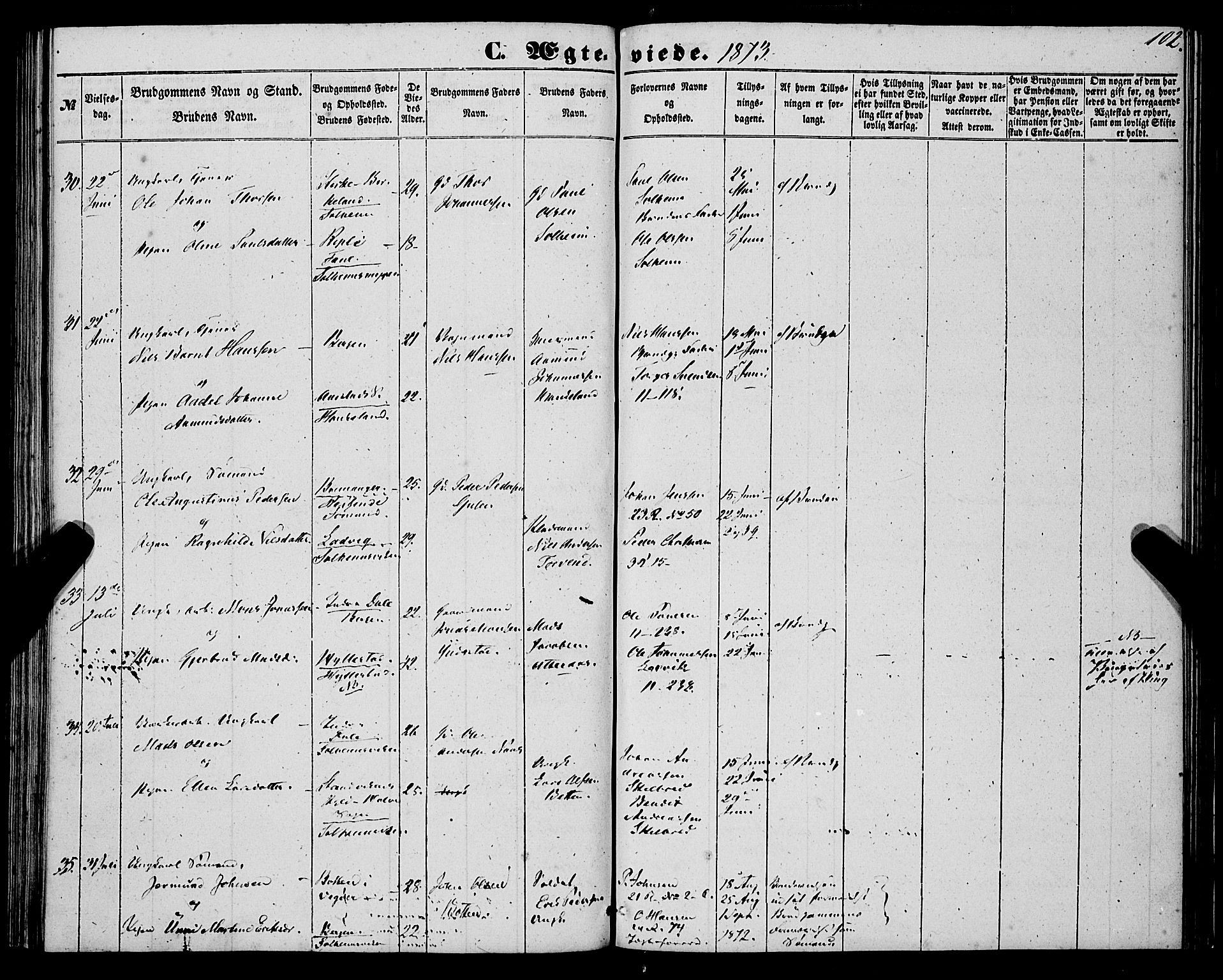 St. Jørgens hospital og Årstad sokneprestembete, AV/SAB-A-99934: Ministerialbok nr. A 9, 1853-1878, s. 102