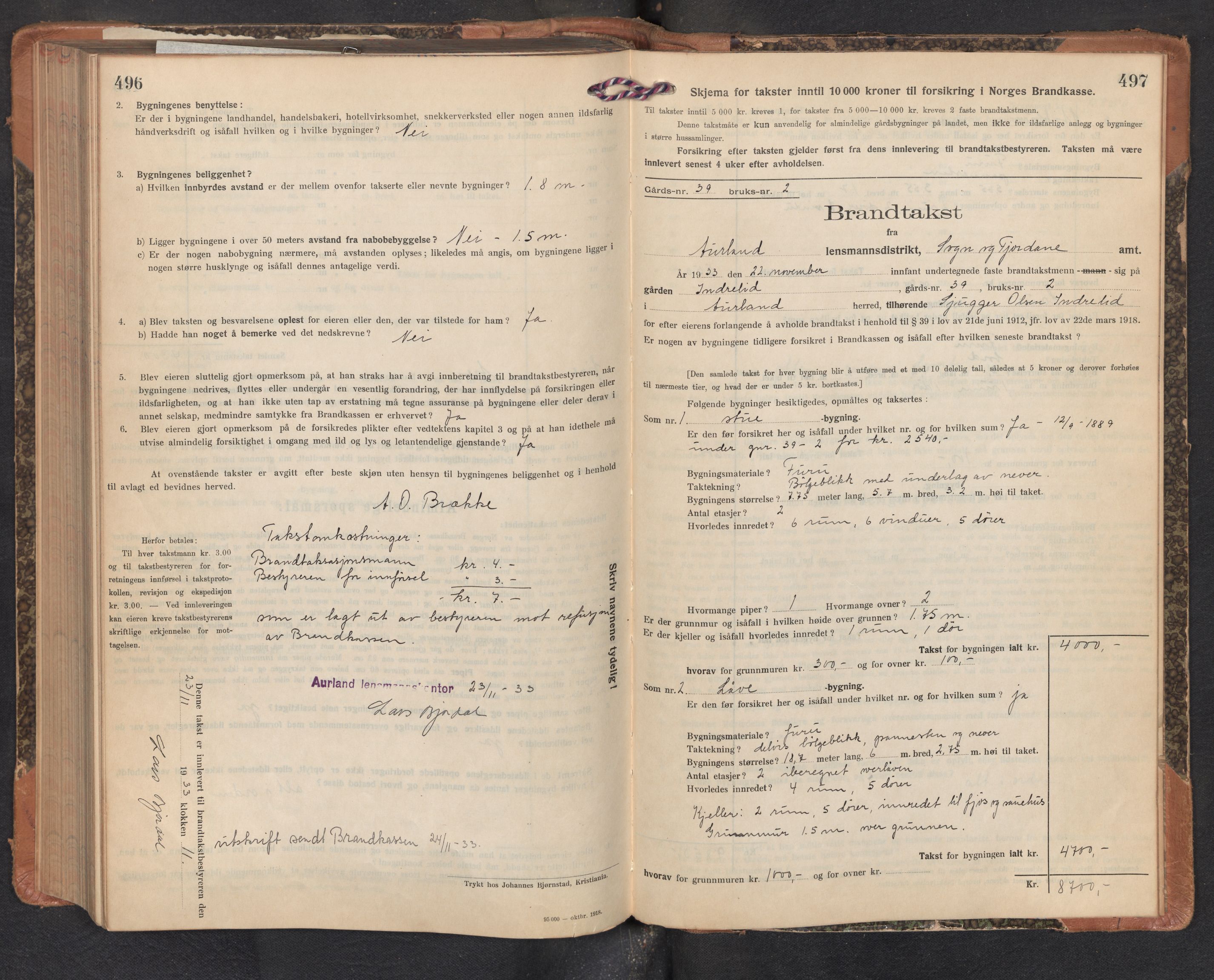 Lensmannen i Aurland, SAB/A-26401/0012/L0007: Branntakstprotokoll, skjematakst, 1922-1933, s. 496-497