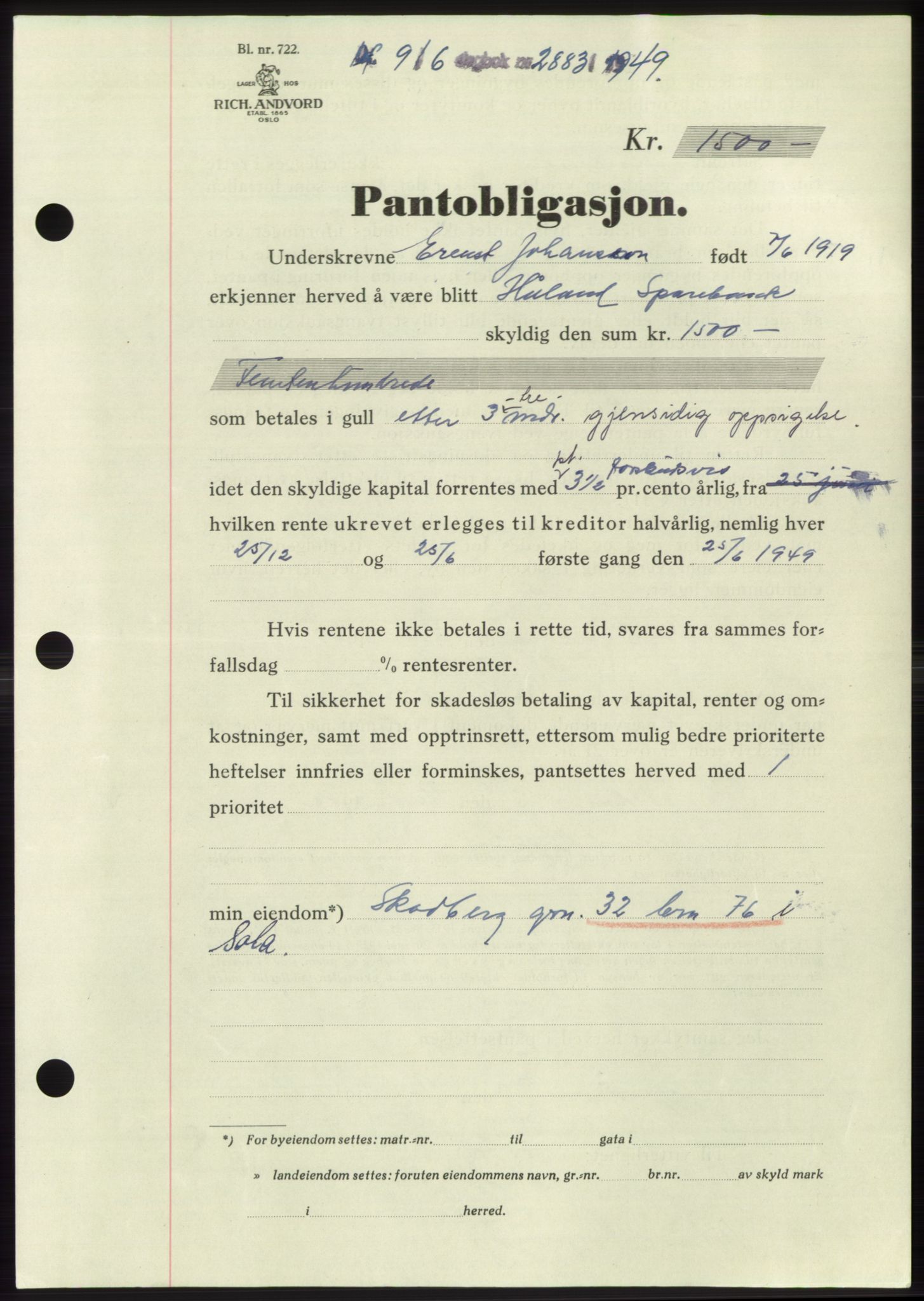Jæren sorenskriveri, SAST/A-100310/03/G/Gba/L0103: Pantebok, 1949-1949, Dagboknr: 2883/1949