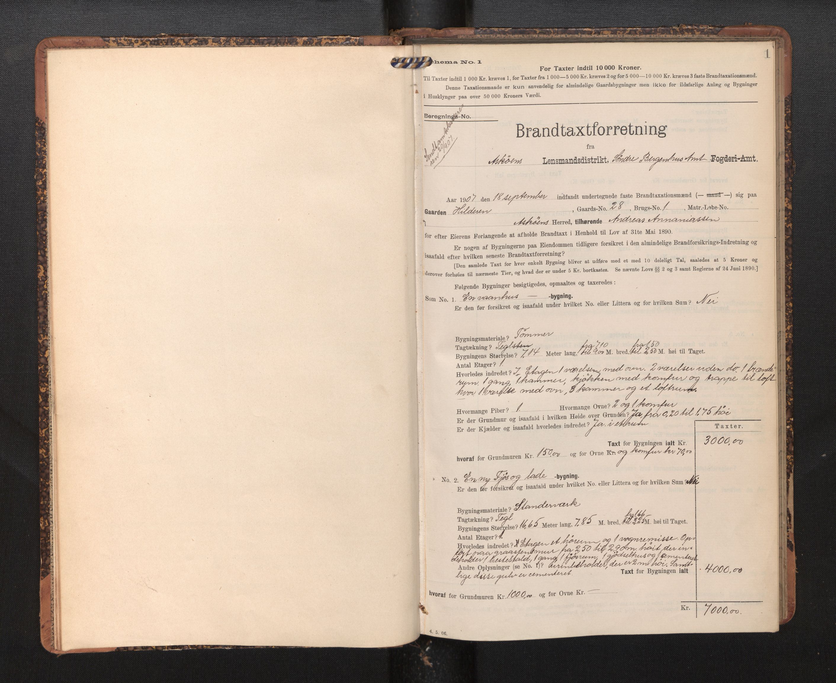Lensmannen i Askøy, AV/SAB-A-31001/0012/L0005: Branntakstprotokoll, skjematakst, 1907-1915, s. 1