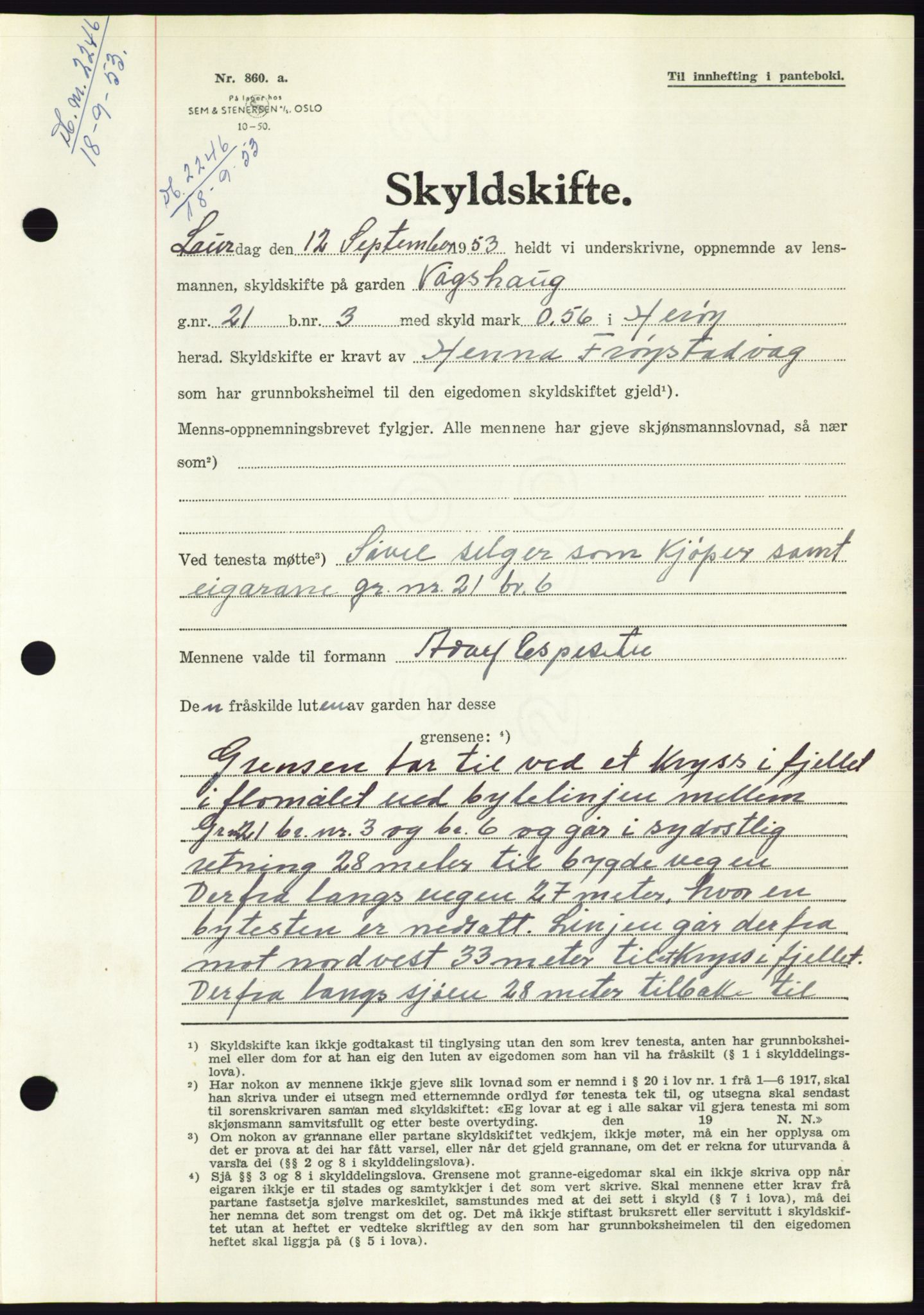 Søre Sunnmøre sorenskriveri, AV/SAT-A-4122/1/2/2C/L0095: Pantebok nr. 21A, 1953-1953, Dagboknr: 2246/1953
