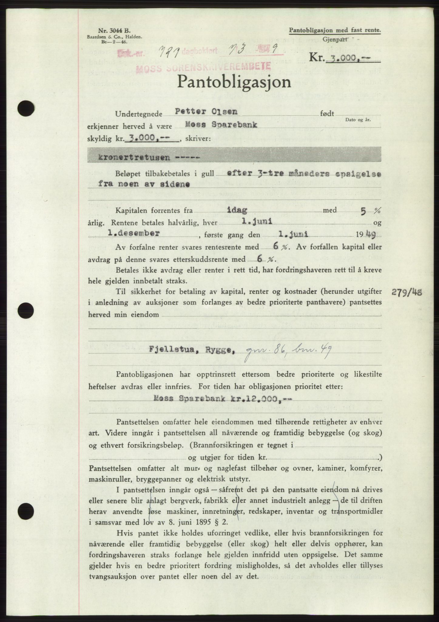 Moss sorenskriveri, SAO/A-10168: Pantebok nr. B21, 1949-1949, Dagboknr: 727/1949