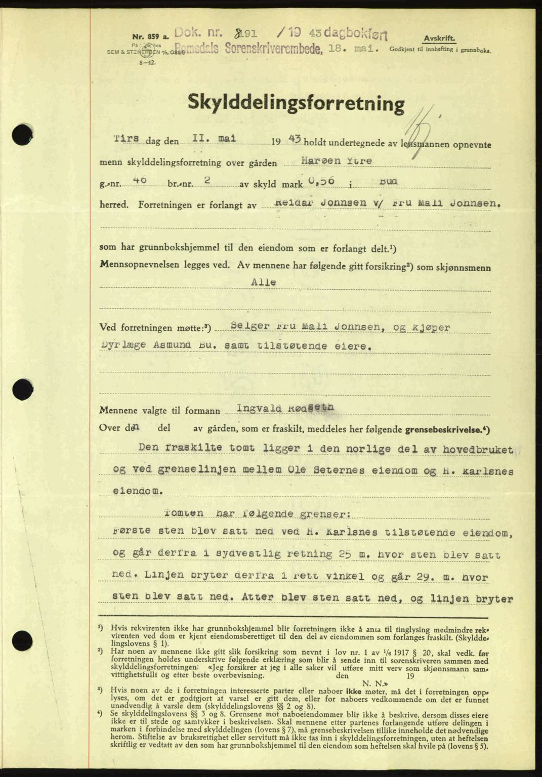 Romsdal sorenskriveri, SAT/A-4149/1/2/2C: Pantebok nr. A14, 1943-1943, Dagboknr: 891/1943