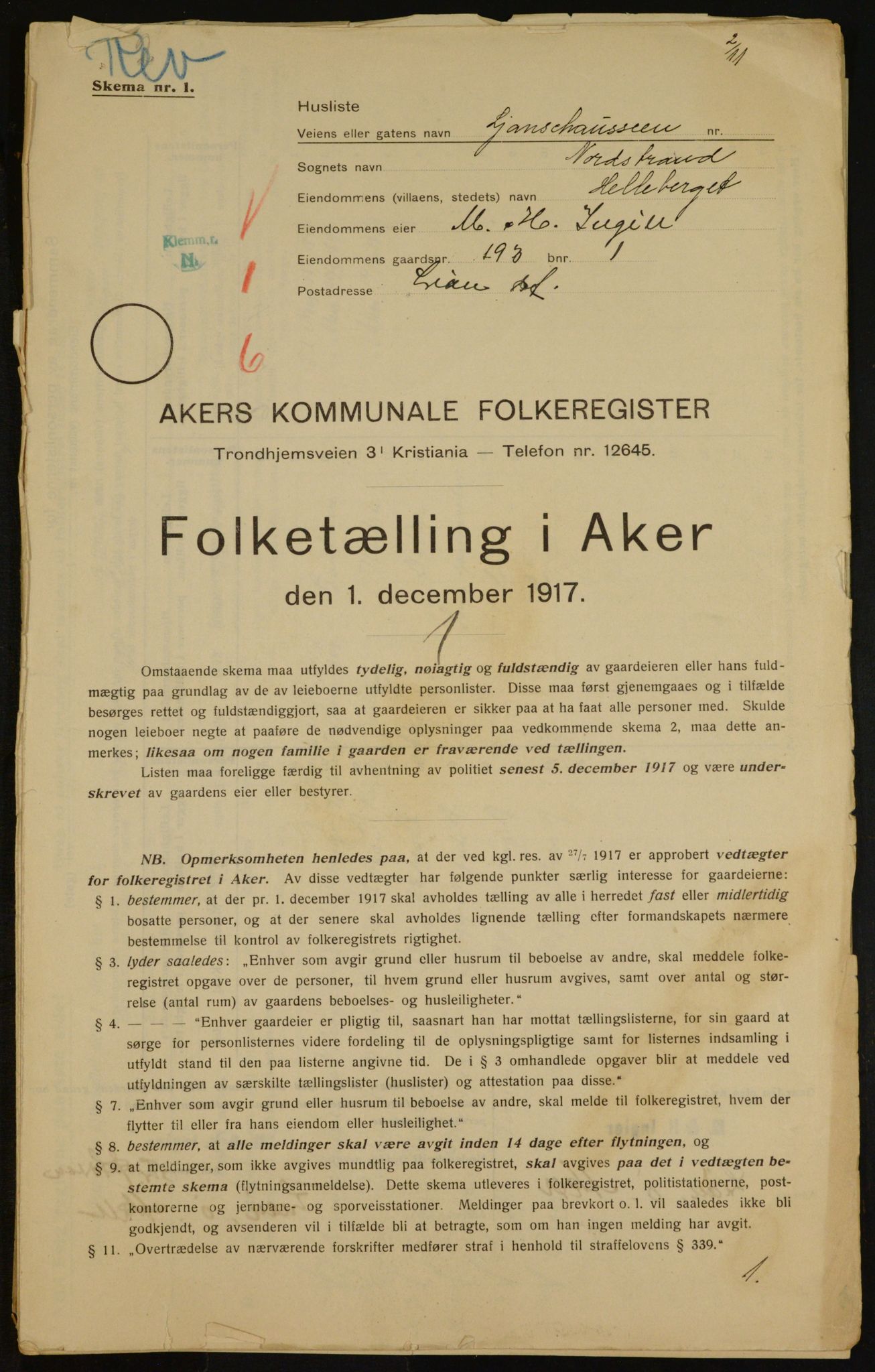 OBA, Kommunal folketelling 1.12.1917 for Aker, 1917, s. 16234