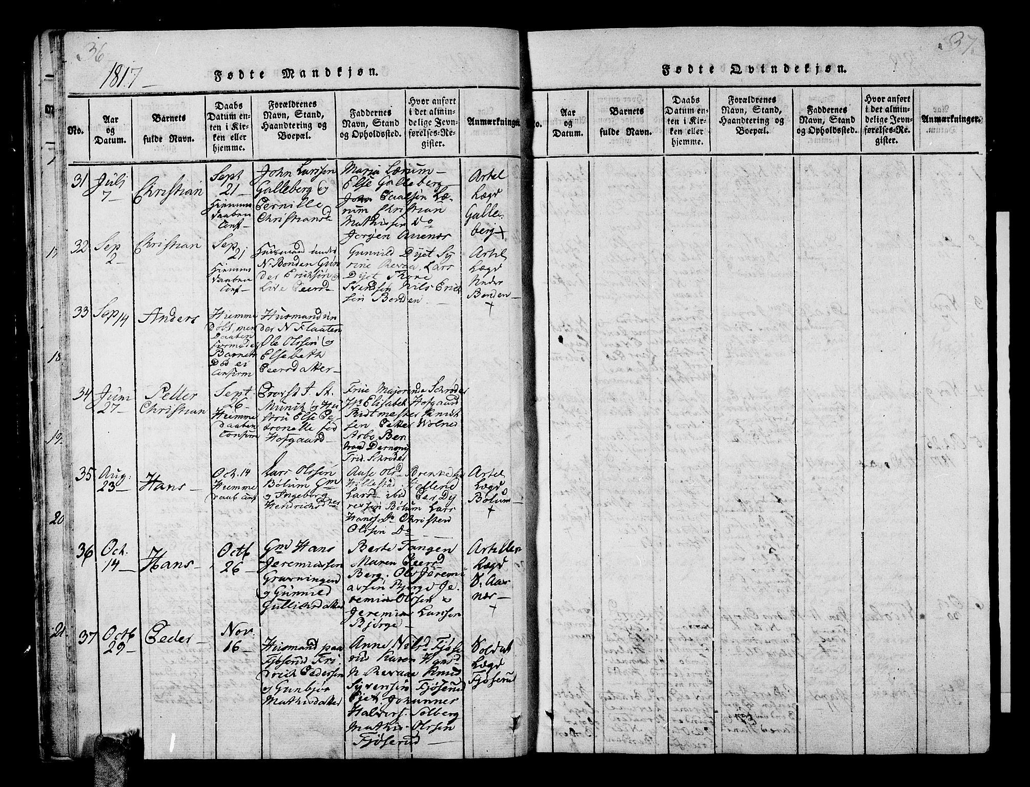 Sande Kirkebøker, AV/SAKO-A-53/G/Ga/L0001: Klokkerbok nr. 1, 1814-1847, s. 36-37
