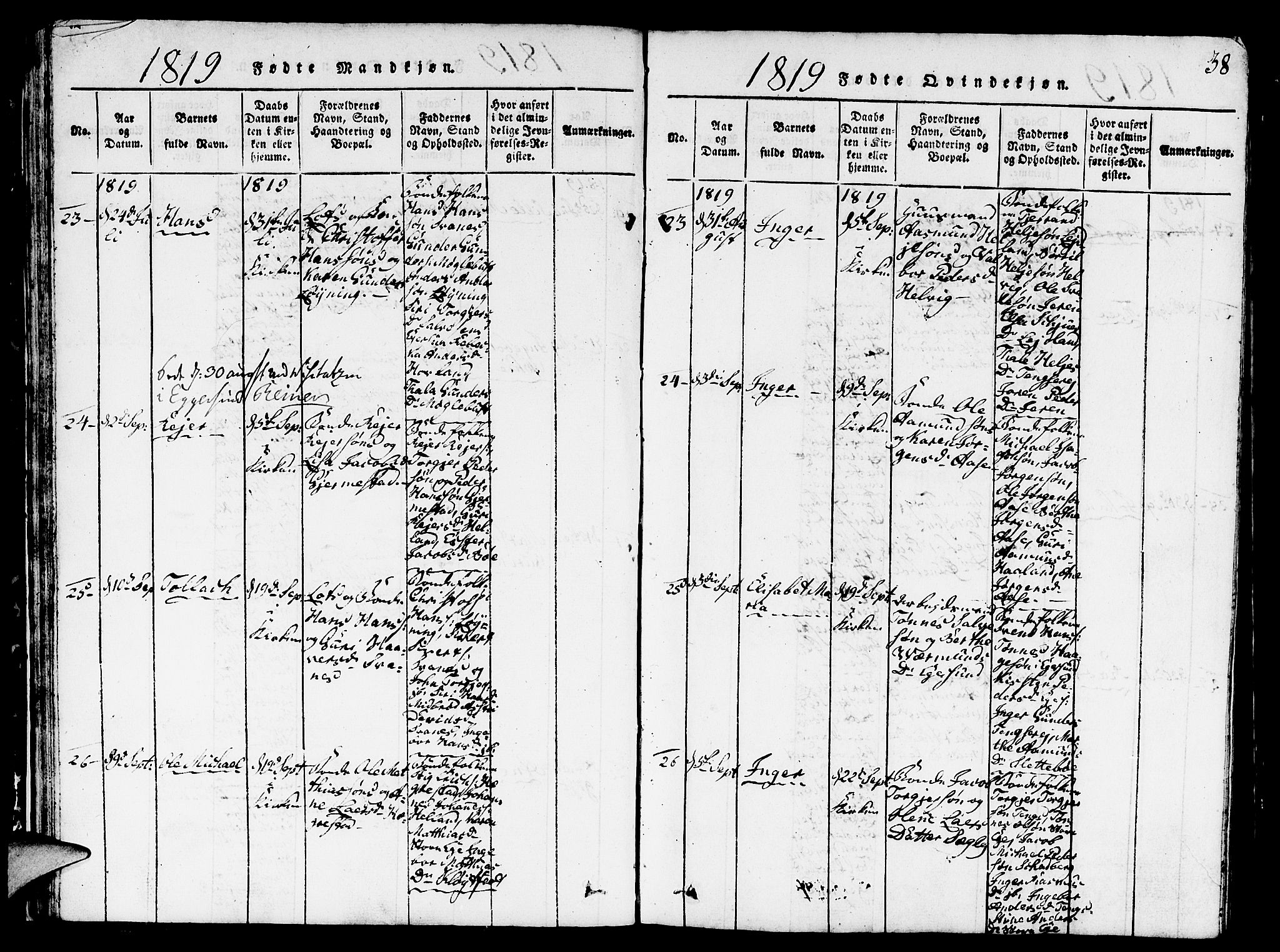 Eigersund sokneprestkontor, AV/SAST-A-101807/S09/L0001: Klokkerbok nr. B 1, 1815-1827, s. 38