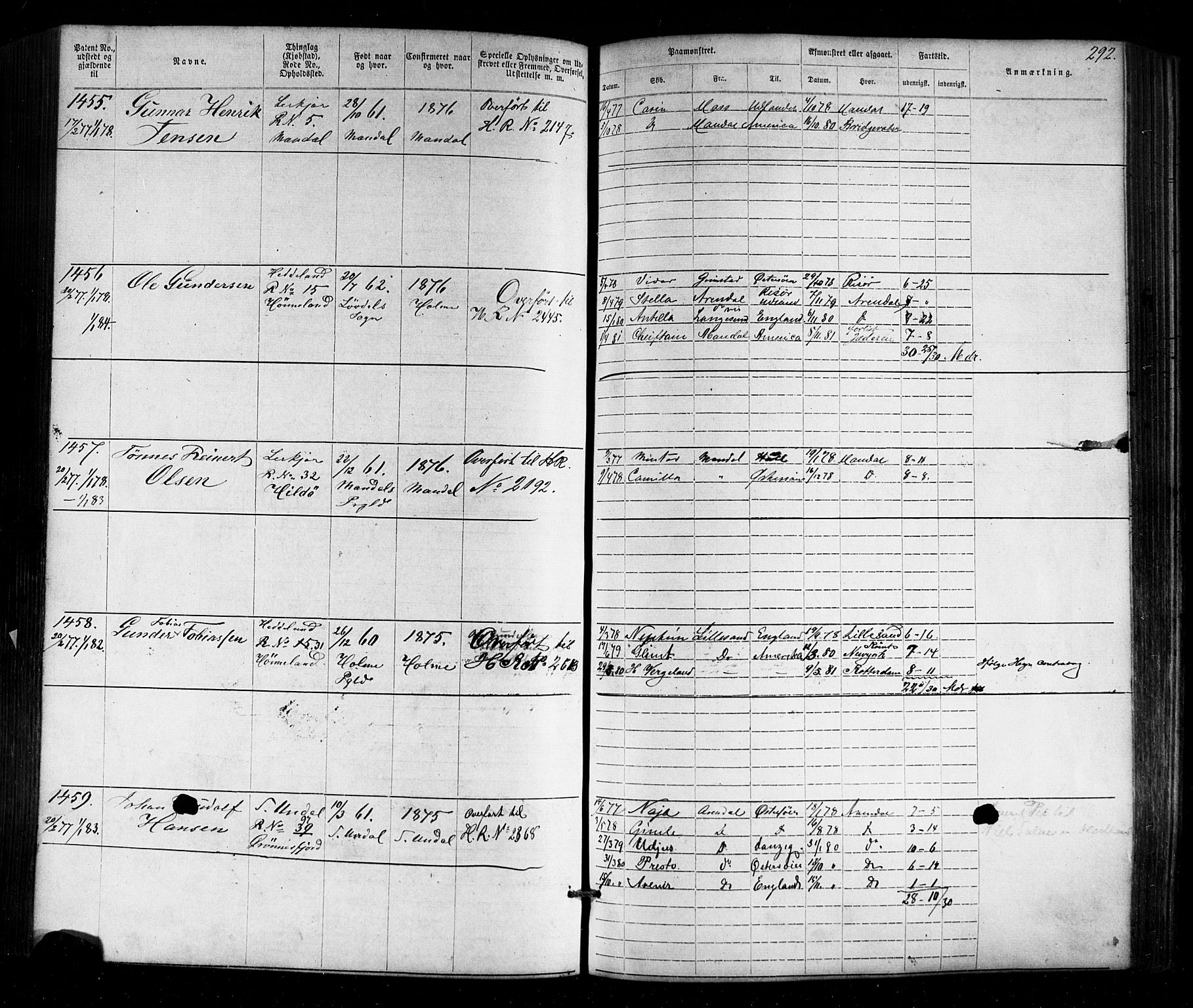 Mandal mønstringskrets, SAK/2031-0016/F/Fa/L0005: Annotasjonsrulle nr 1-1909 med register, Y-15, 1868-1880, s. 334