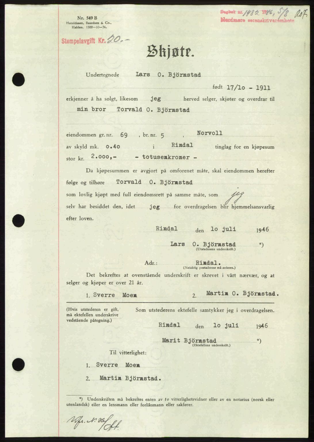 Nordmøre sorenskriveri, SAT/A-4132/1/2/2Ca: Pantebok nr. A102, 1946-1946, Dagboknr: 1482/1946